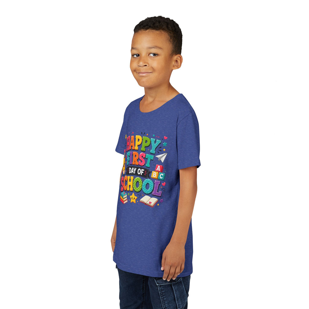 Youth Tee — "Happy First Day of School" Back-to-School Graphic Shirt
