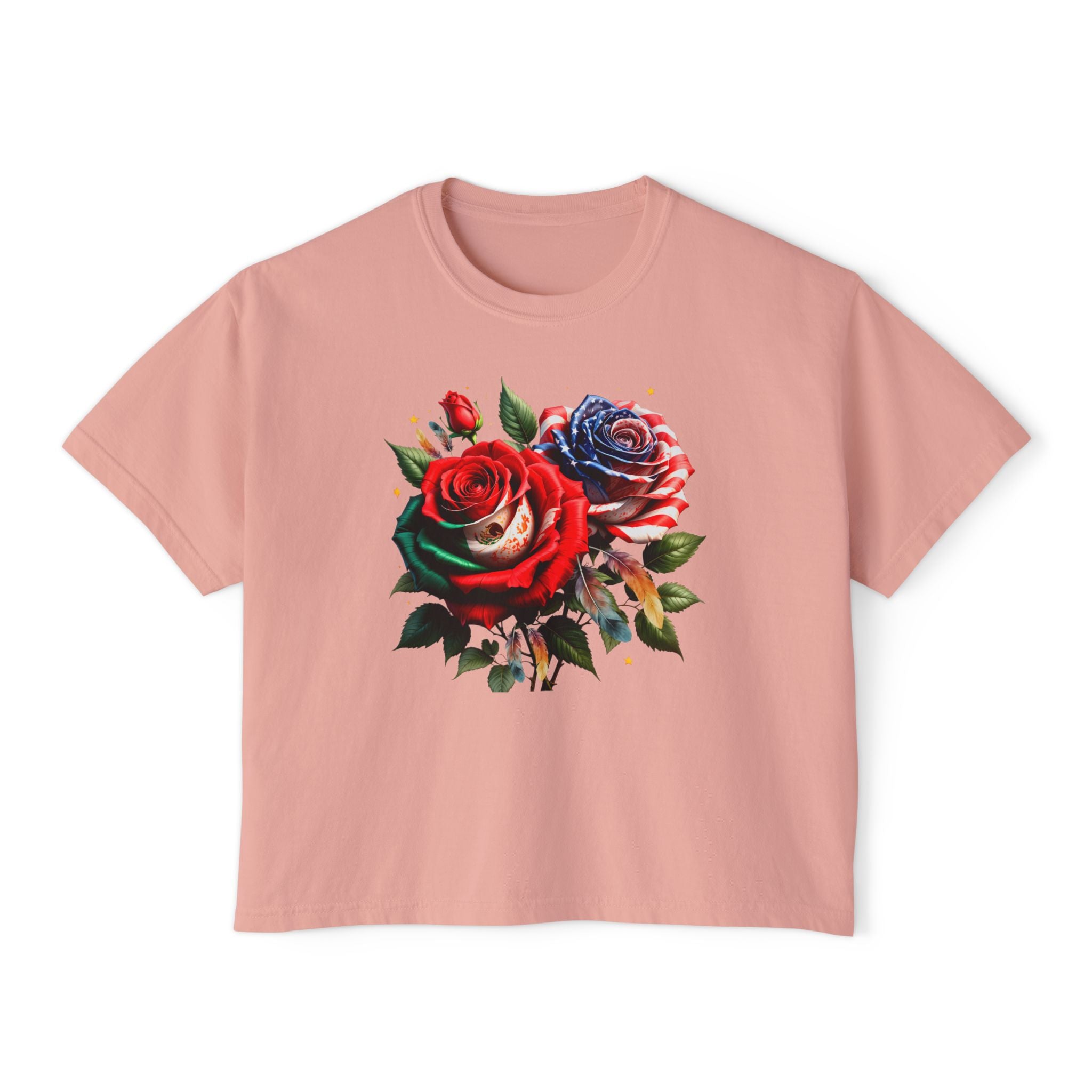 Women’s Boxy Tee — Vintage Red & Blue Rose Floral Graphic