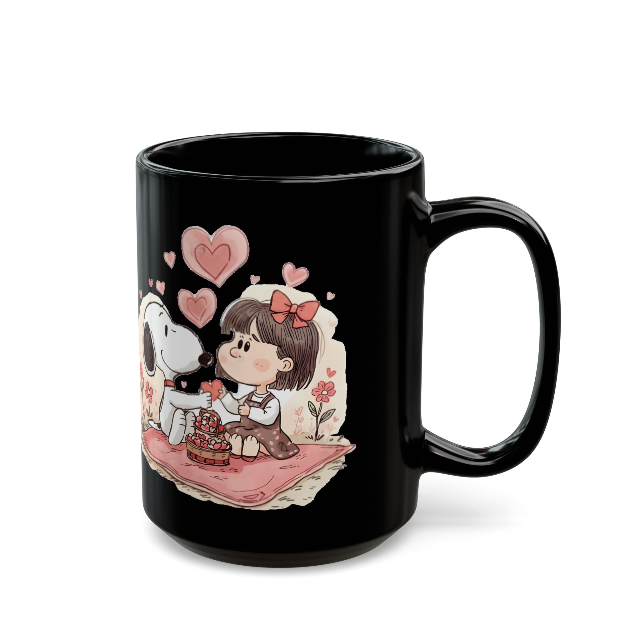 Snoopy Picnic with Girl Mug | Black Ceramic Coffee Cup