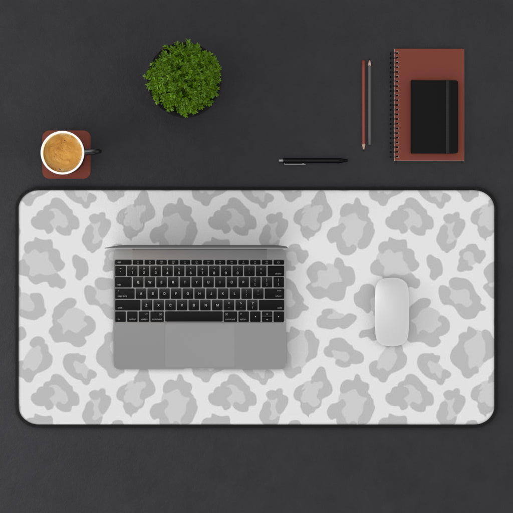 Grey Leopard Print Desk Mat — Neutral Animal Pattern Mouse Pad for Home Office