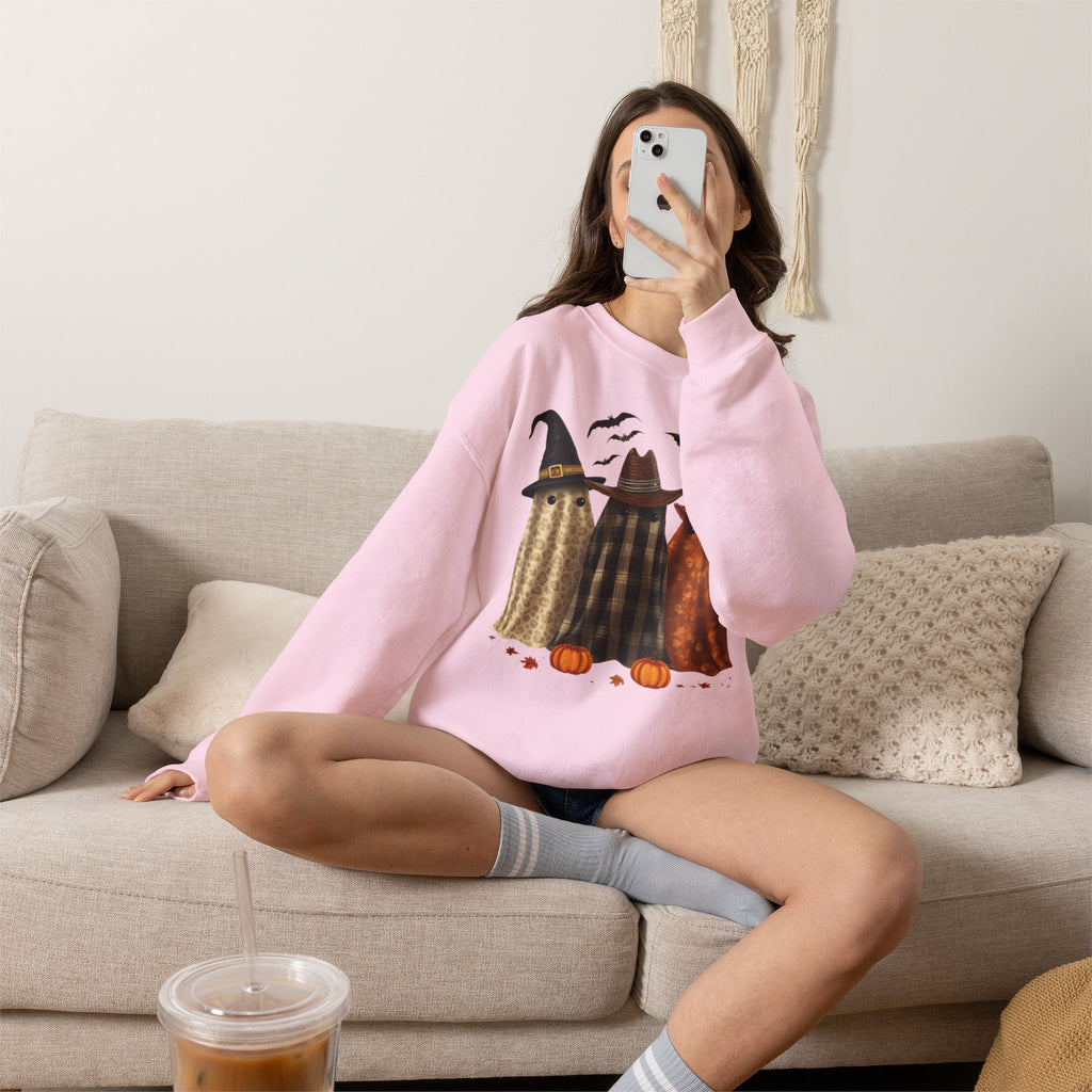 Halloween Witch Ghosts Crewneck Sweatshirt — Cozy Pumpkin & Bats Fall Graphic