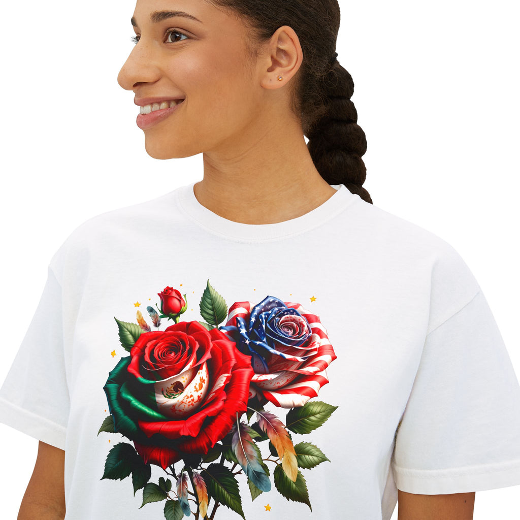 Women’s Boxy Tee — Vintage Red & Blue Rose Floral Graphic