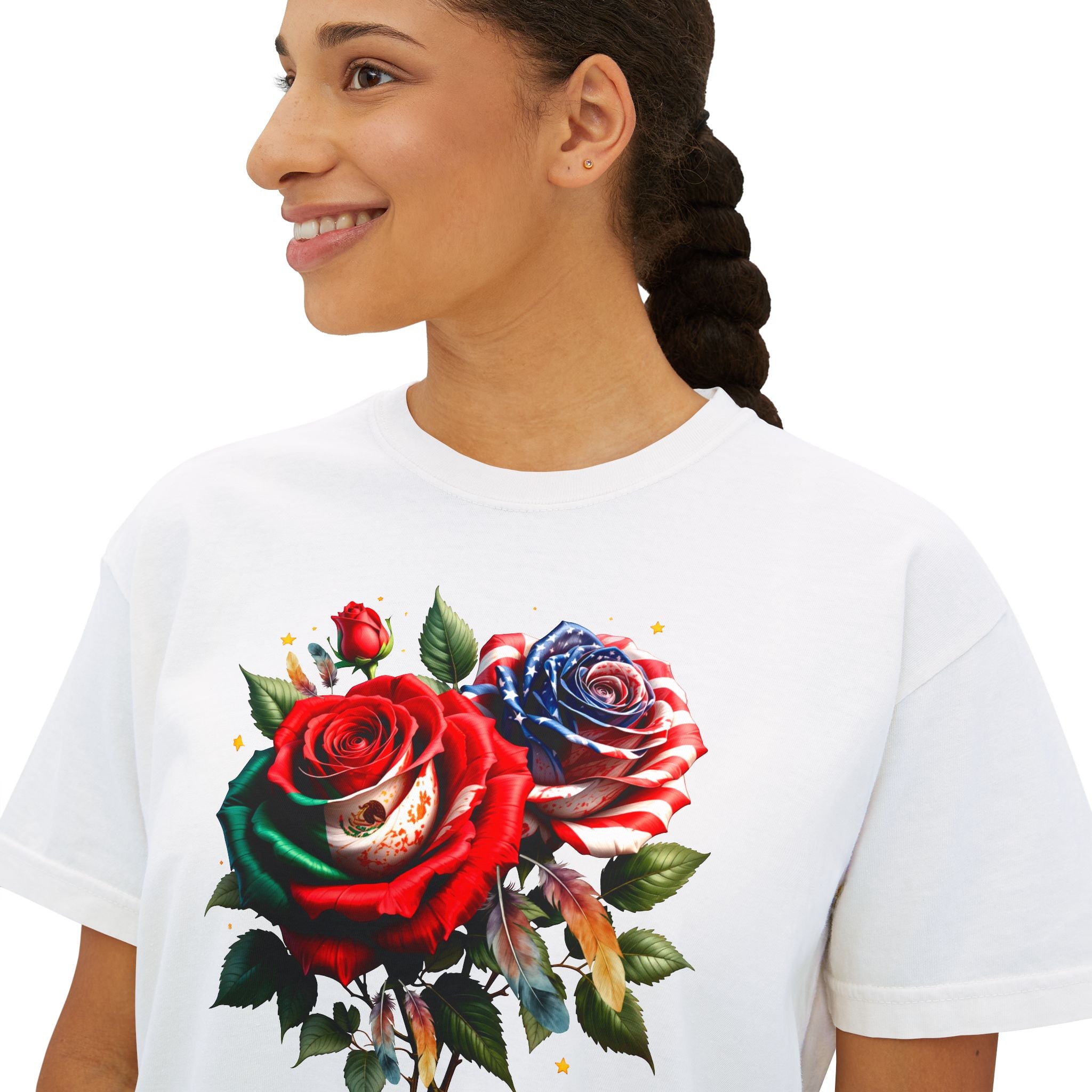 Women’s Boxy Tee — Vintage Red & Blue Rose Floral Graphic