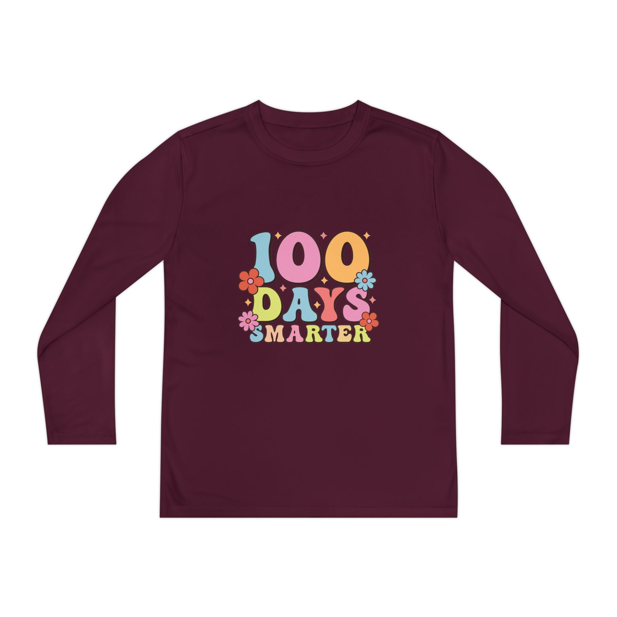 100 Days Smarter Youth Long Sleeve Tee — Retro Floral School Celebration Shirt