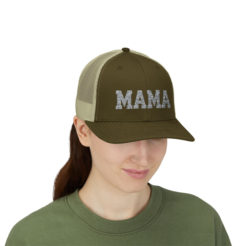 Mama Snapback Trucker Cap — Glitter Script "MAMA" Mesh Back Hat for Moms, Mother's Day Gift