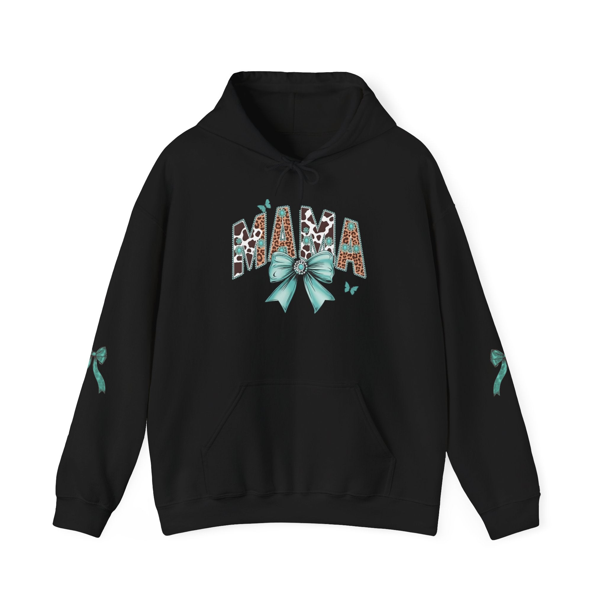 Mama Leopard Letters teal bow Hoodie | Cow print back panel, sleeve bows