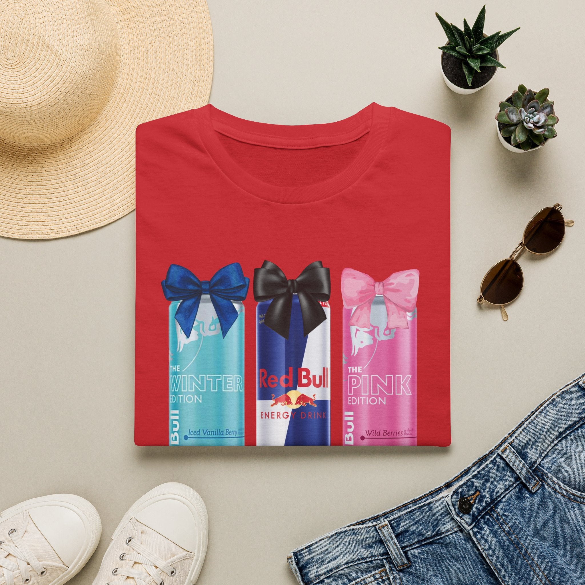 Red Bull Cans Graphic T-Shirt — “First I Need Red Bull” Energy Drink Tee