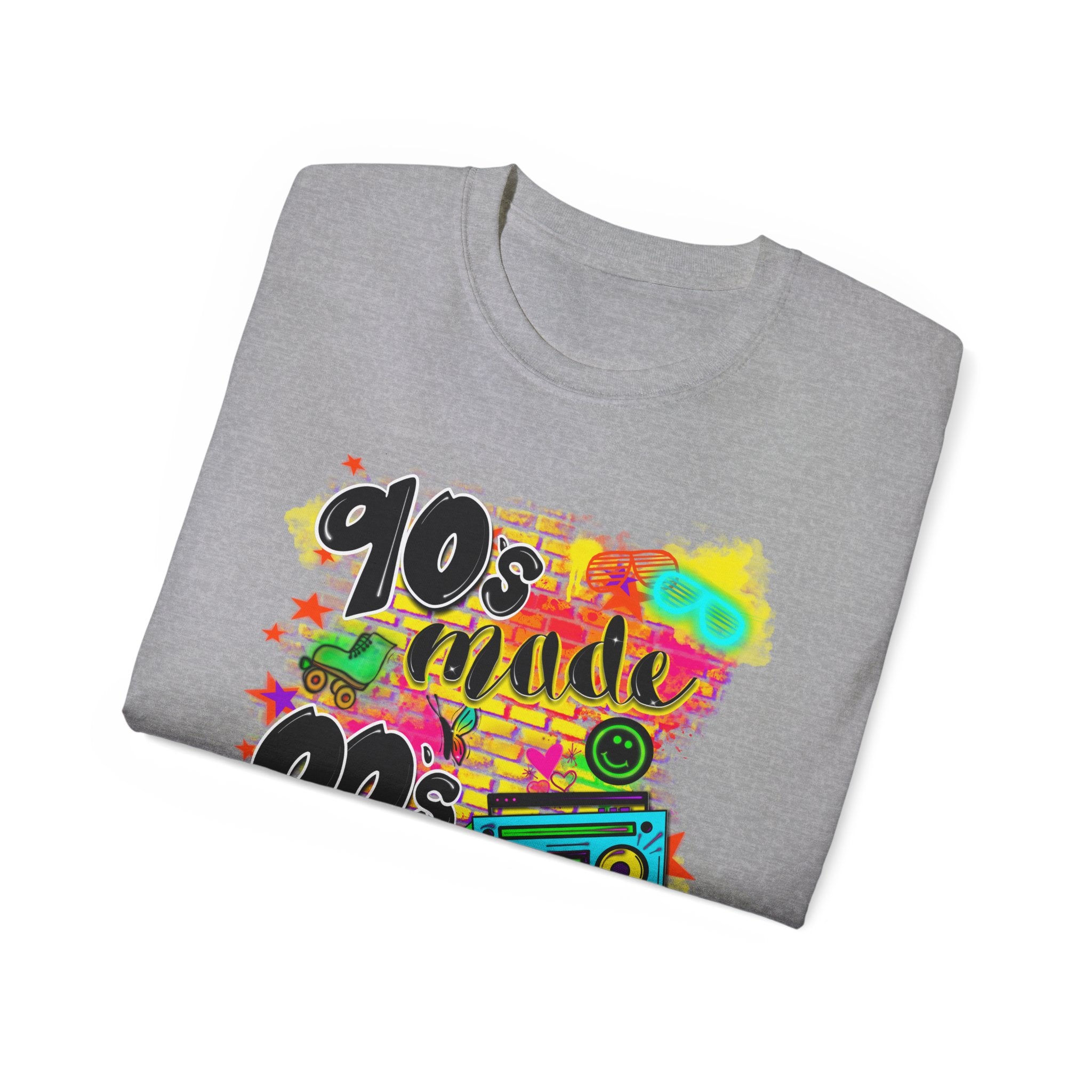 90s Made 00s Raised T-Shirt — Neon Retro Boombox Graphic Tee