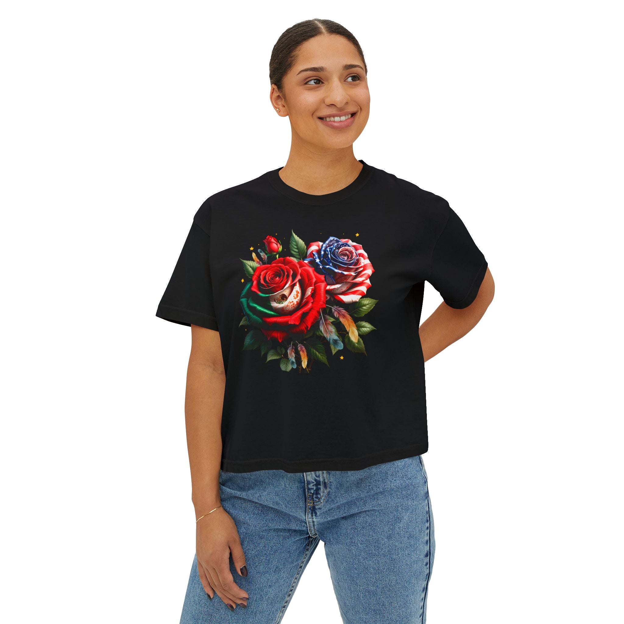 Women’s Boxy Tee — Vintage Red & Blue Rose Floral Graphic