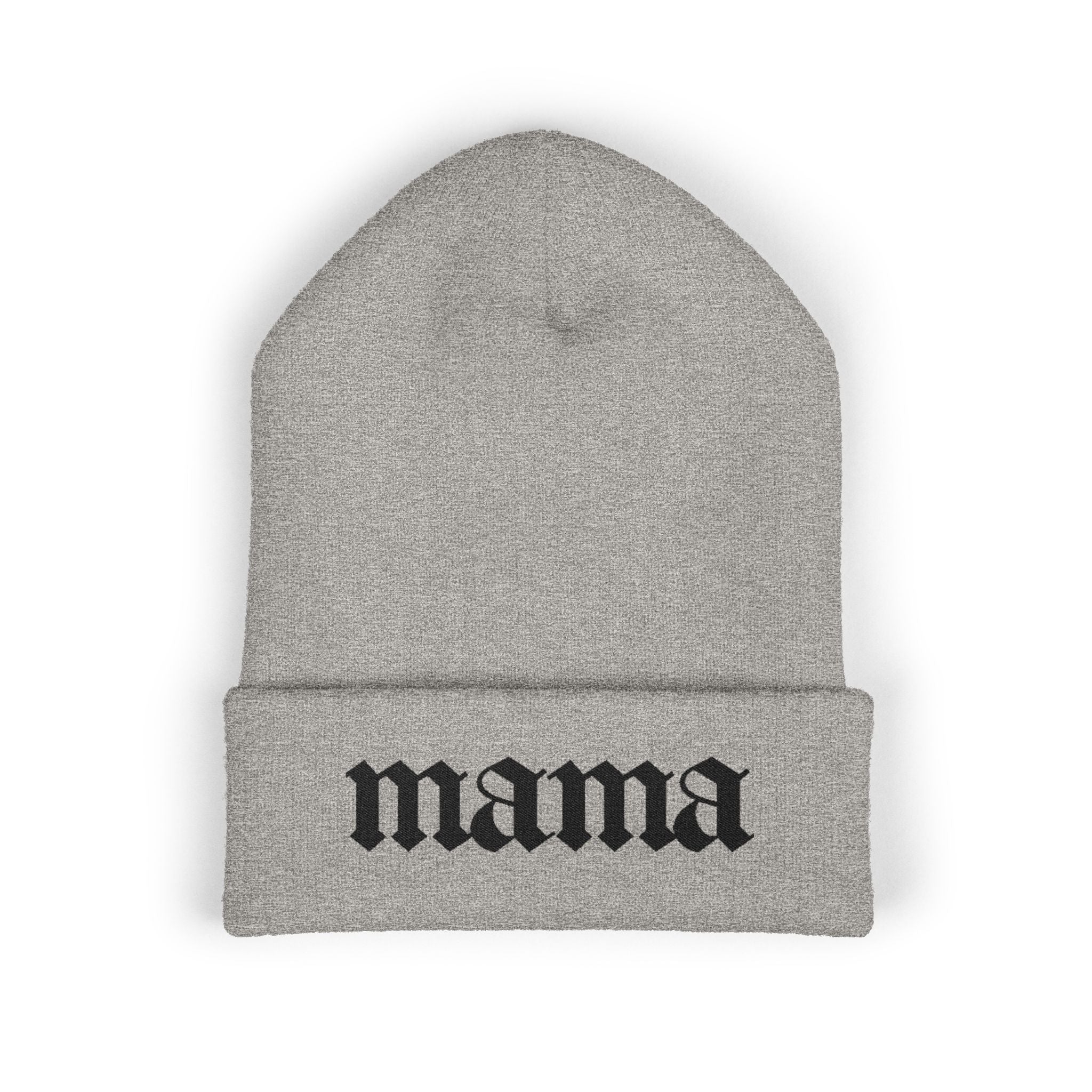 Mama Embroidered Cuffed Beanie — Gothic Script Knit Hat for Moms