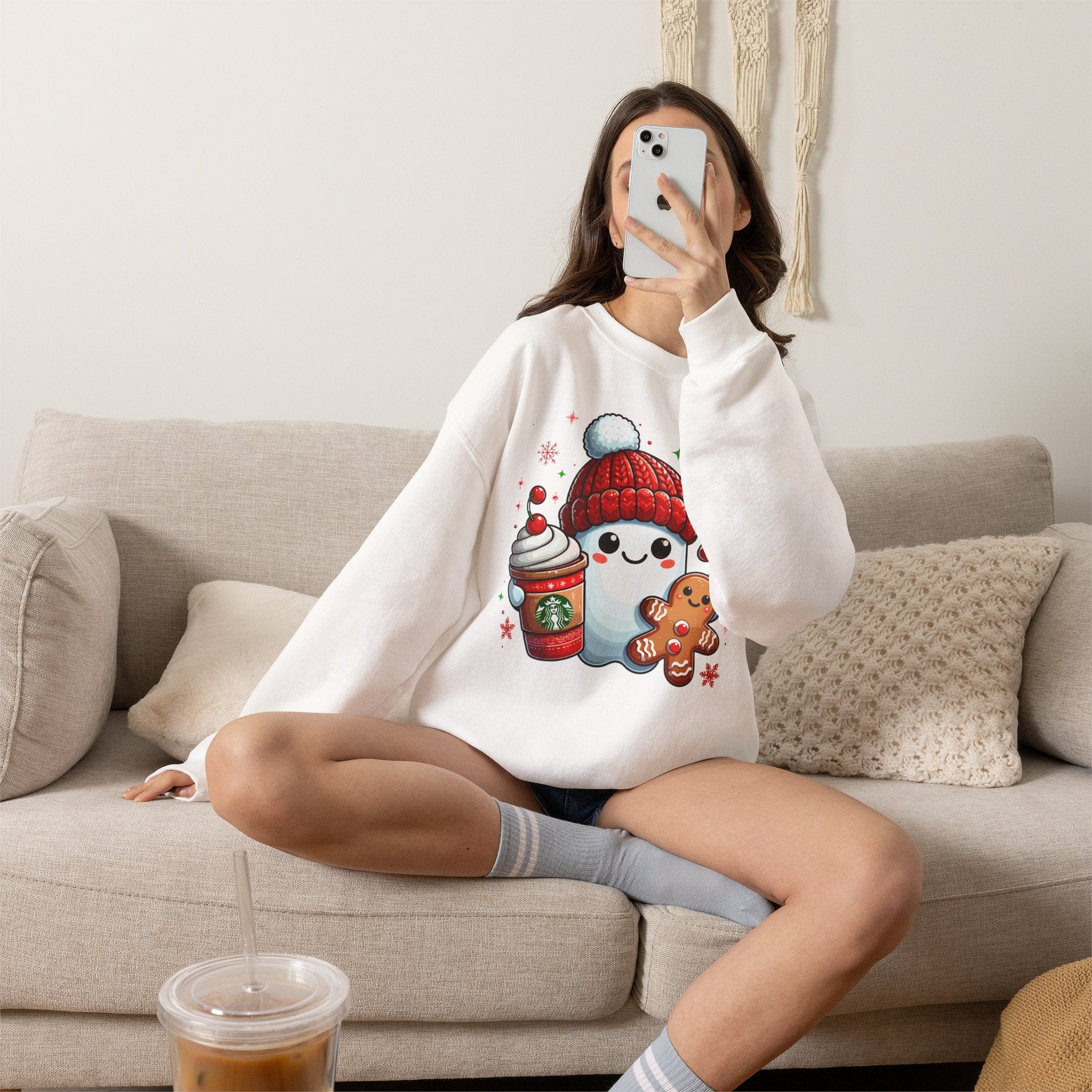 Holiday Marshmallow Character Sweatshirt — Cute Snowman with Gingerbread & Hot Cocoa