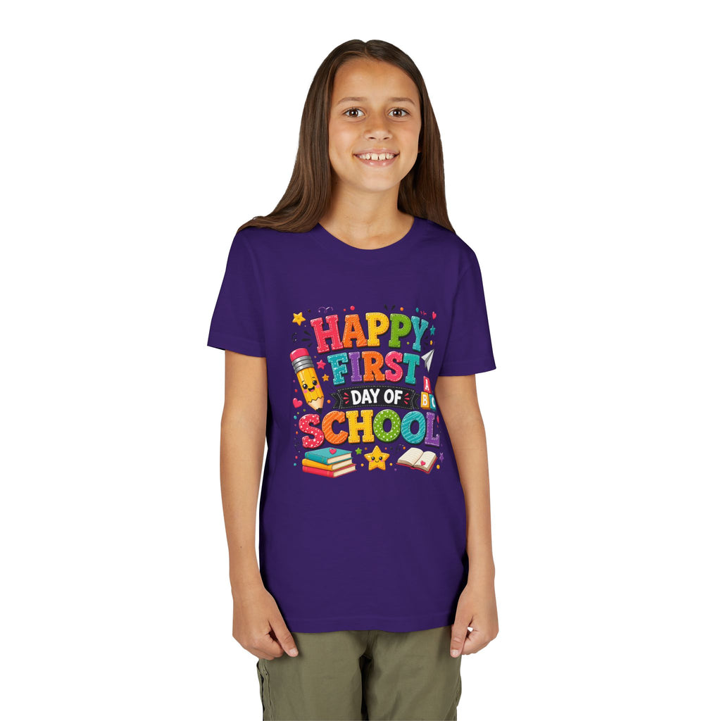 Youth Tee — "Happy First Day of School" Back-to-School Graphic Shirt
