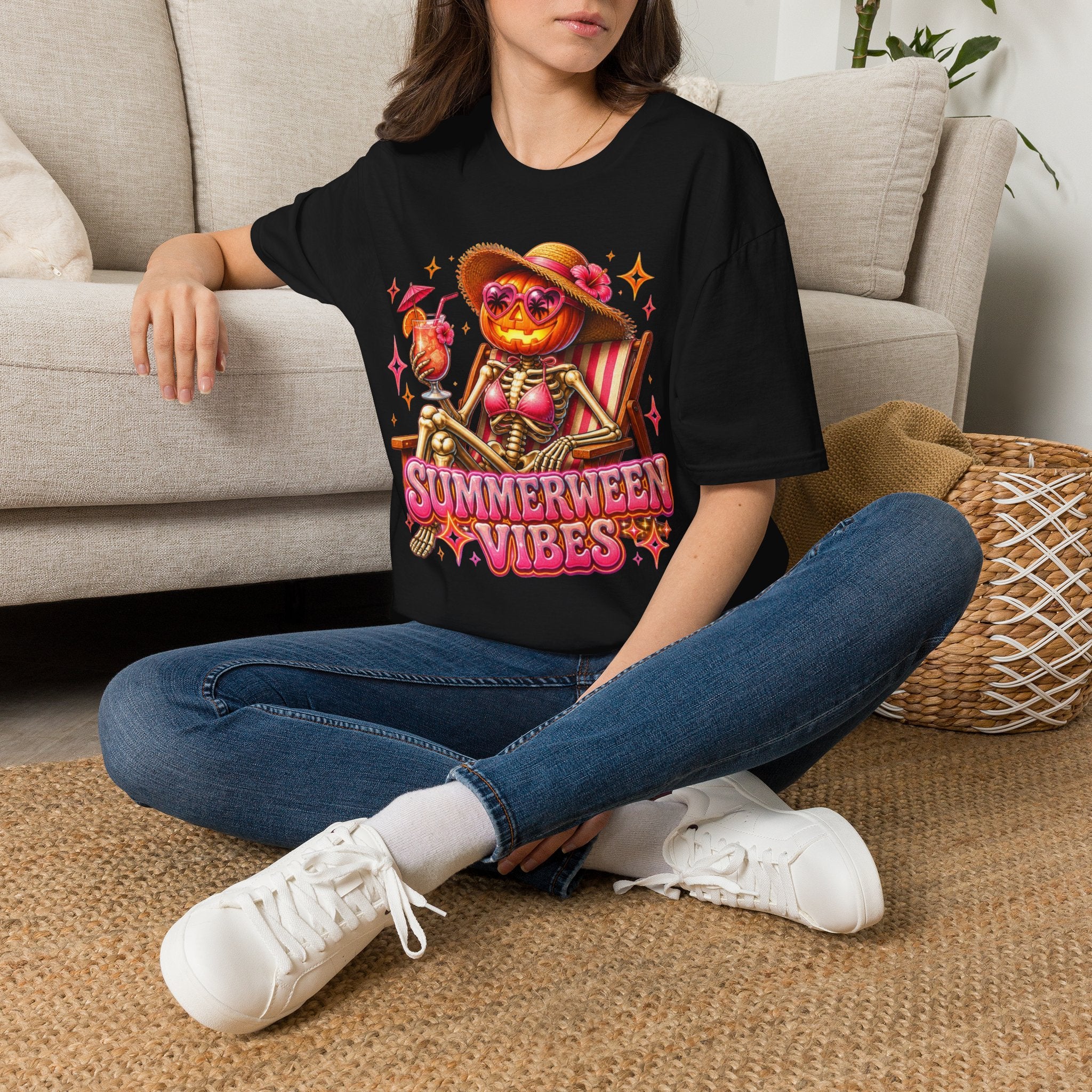 Summerween Vibes T-Shirt — Pumpkin Skeleton Beach Tee