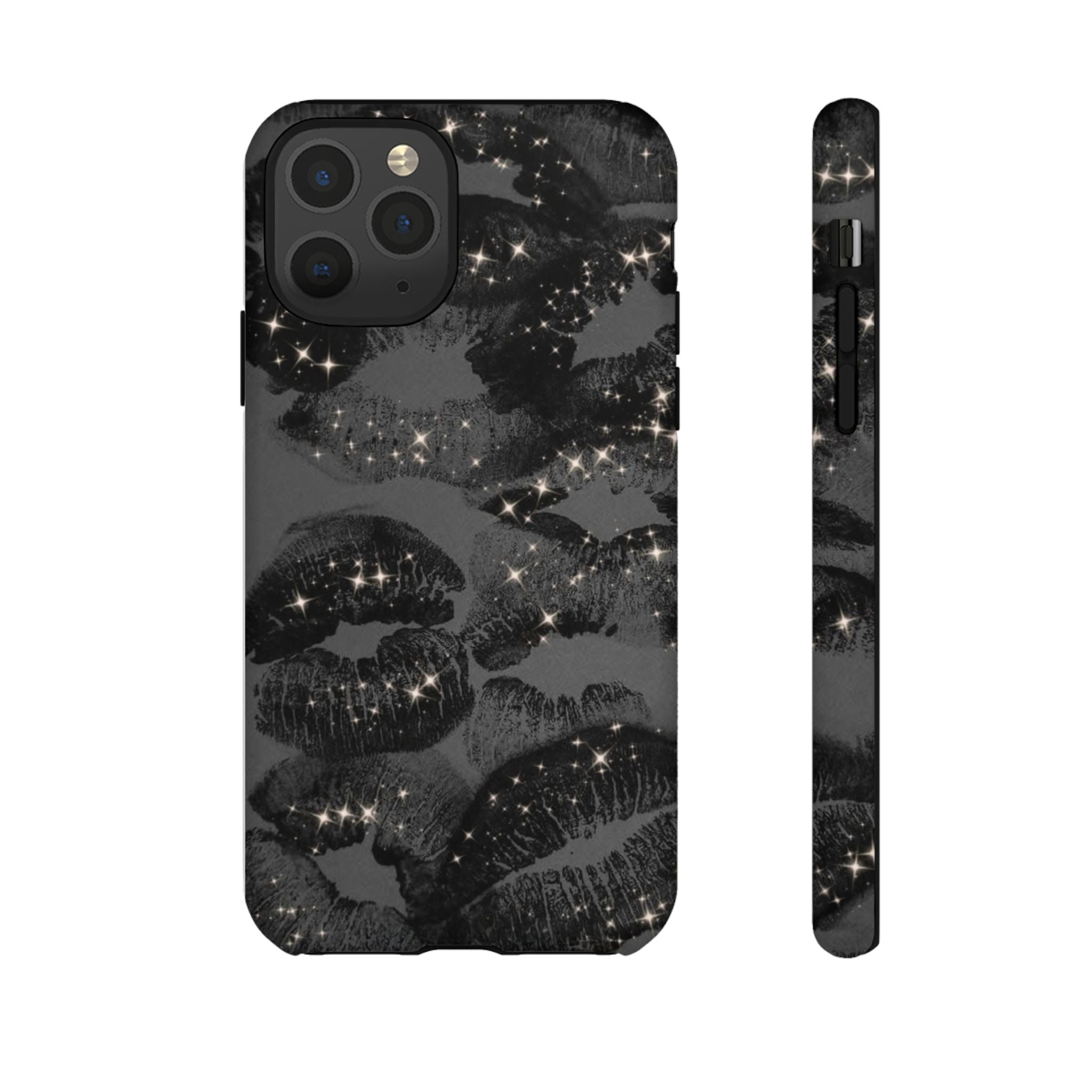 Black Glitter Kiss Phone Case — Sparkling Lip Print Protective Cover