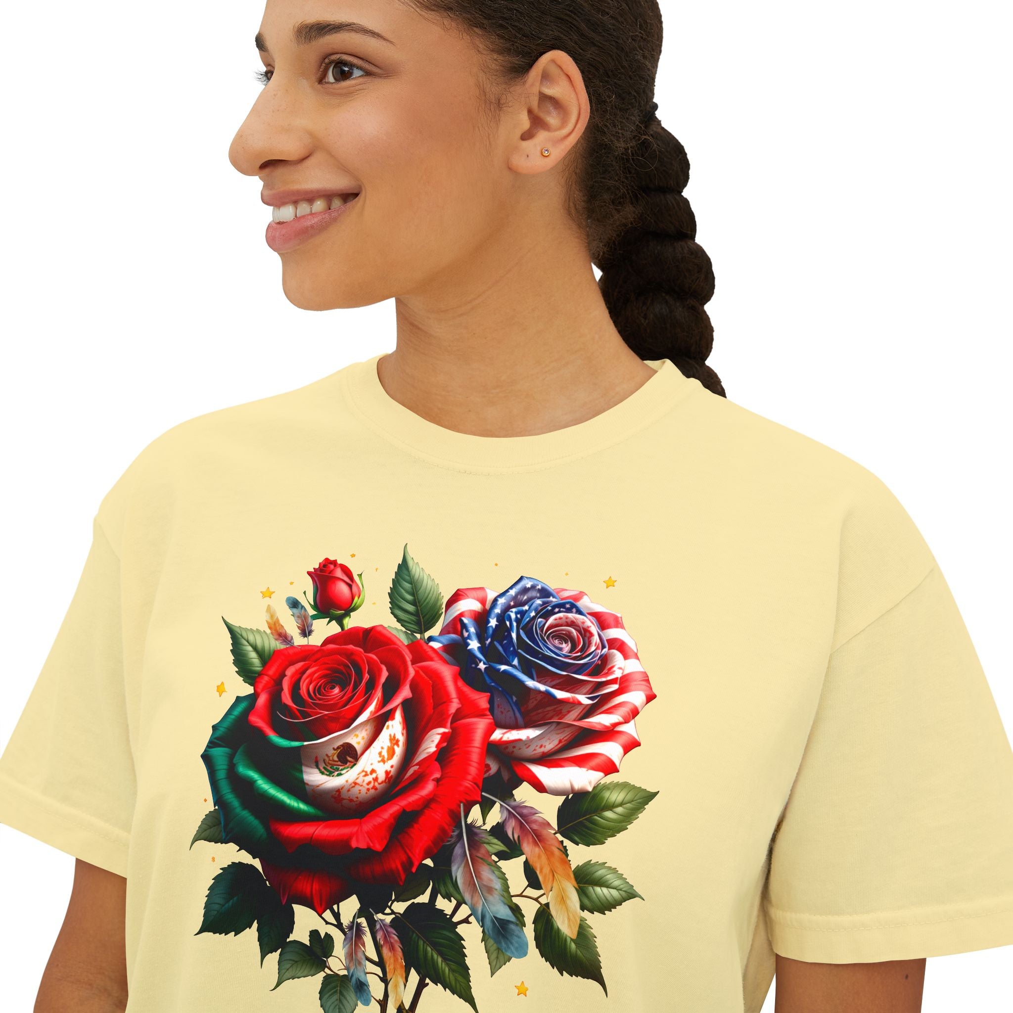 Women’s Boxy Tee — Vintage Red & Blue Rose Floral Graphic