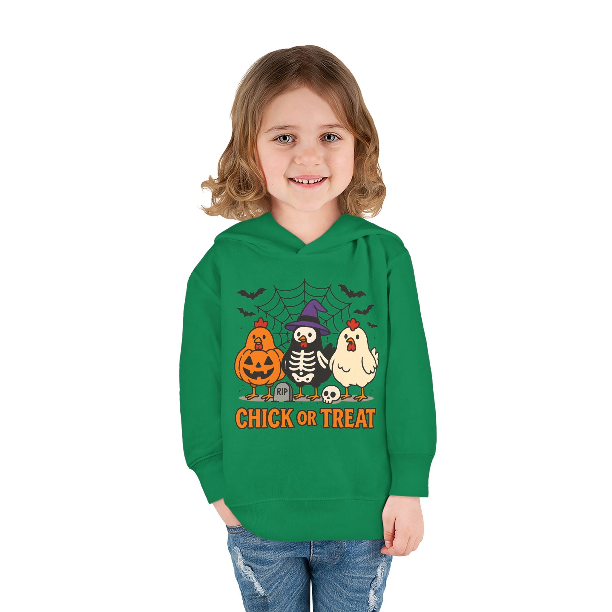 Toddler Halloween Pullover Hoodie – "Chick or Treat" Pumpkin Skeleton Chicken Kids Fleece