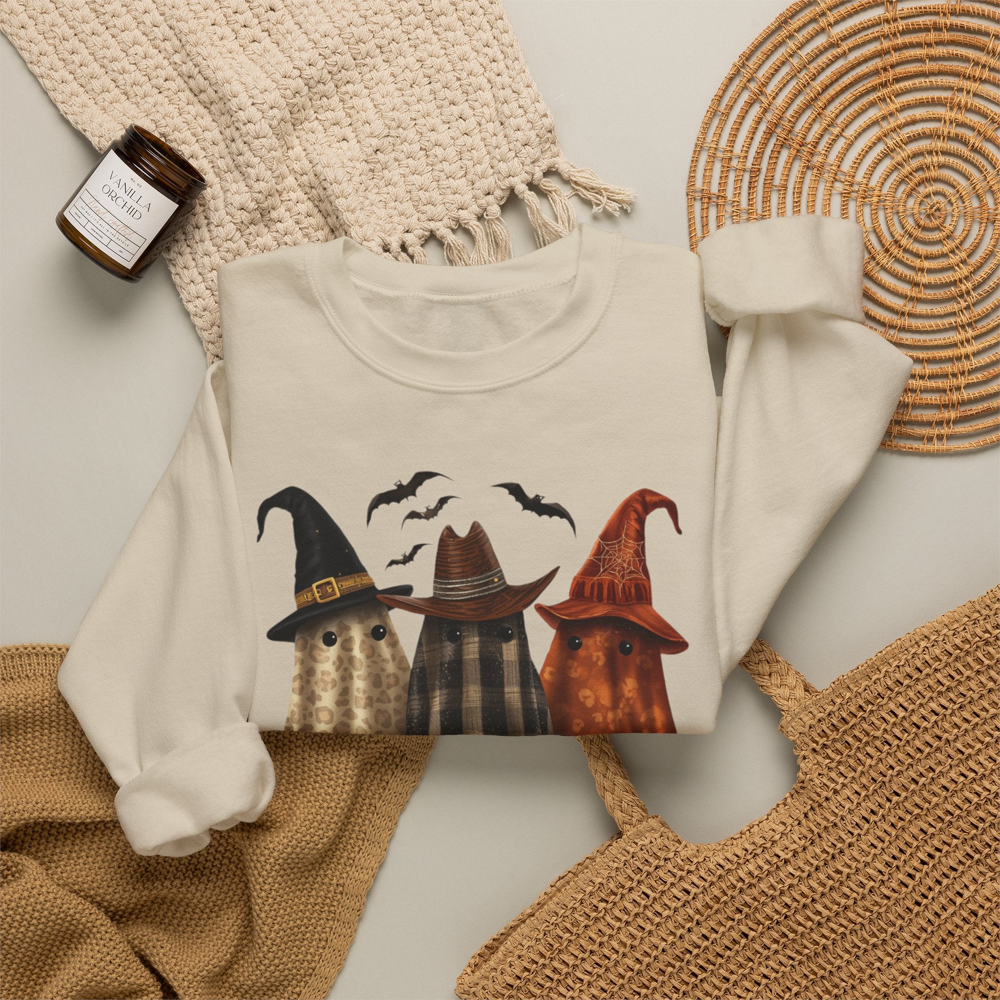 Halloween Witch Ghosts Crewneck Sweatshirt — Cozy Pumpkin & Bats Fall Graphic