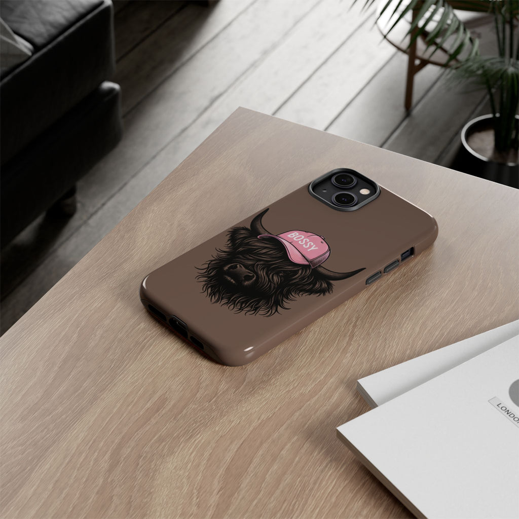 Phone Case — Highland Cow Wearing 'BOSSY' Pink Hat, Cute Farm Animal Protective Cover