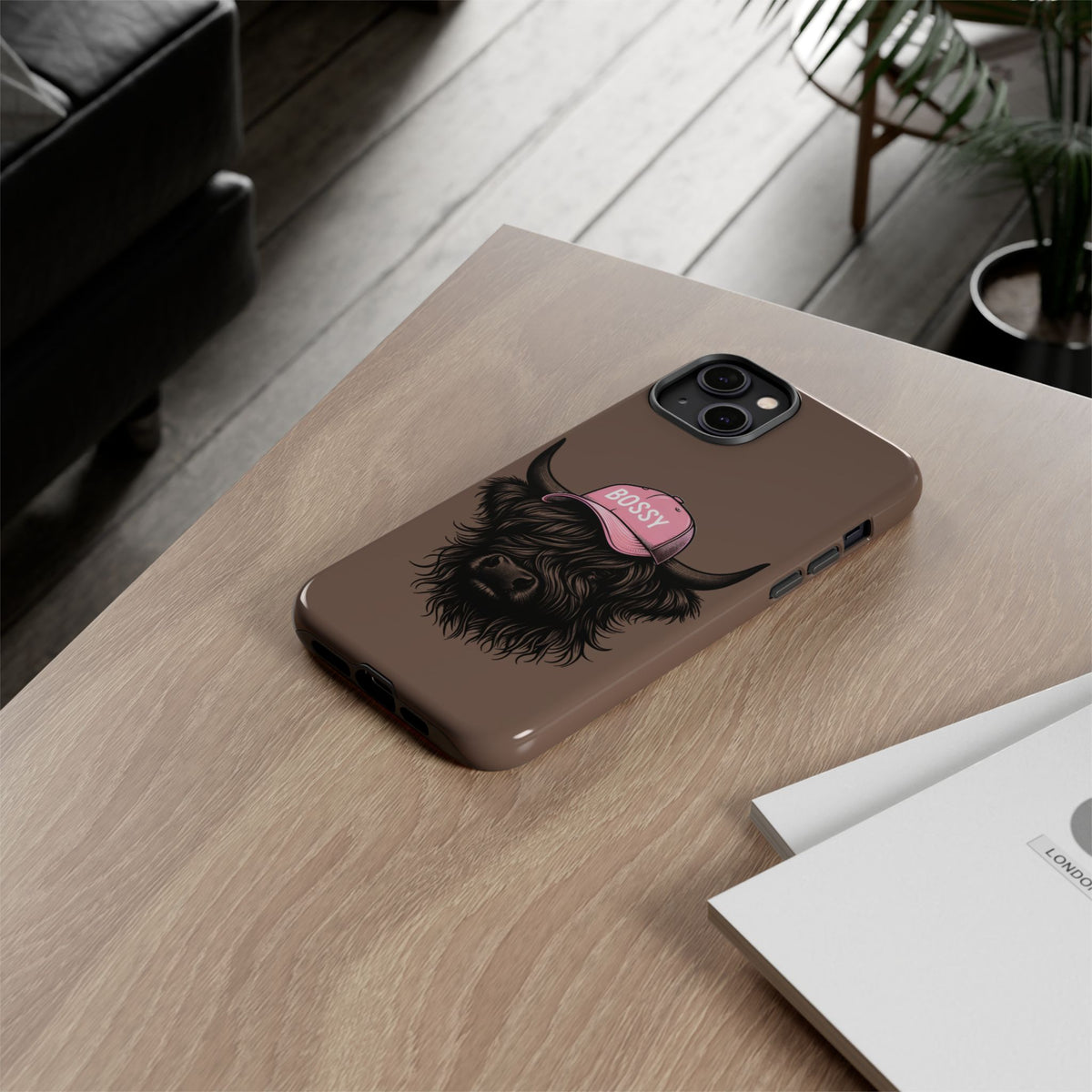 Phone Case — Highland Cow Wearing 'BOSSY' Pink Hat, Cute Farm Animal Protective Cover