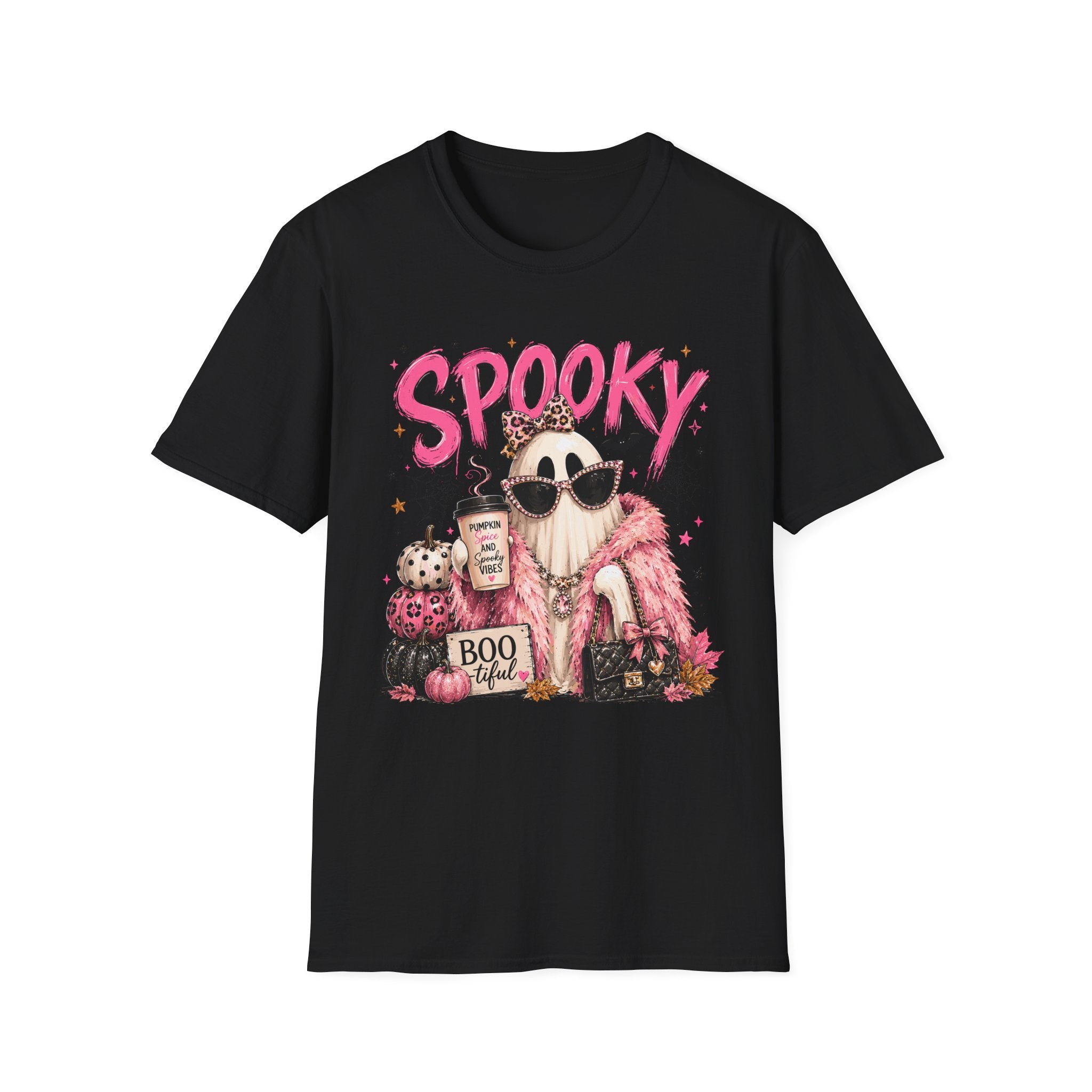 Spooky Glam T-Shirt — Cute Pink Ghost with Sunglasses & Pumpkin Latte