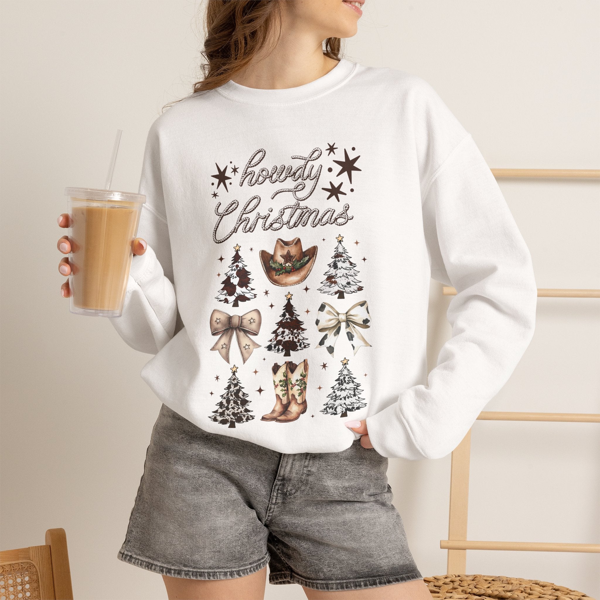 Howdy Christmas Sweatshirt — Western Cowboy Holiday Crewneck with Boots & Trees