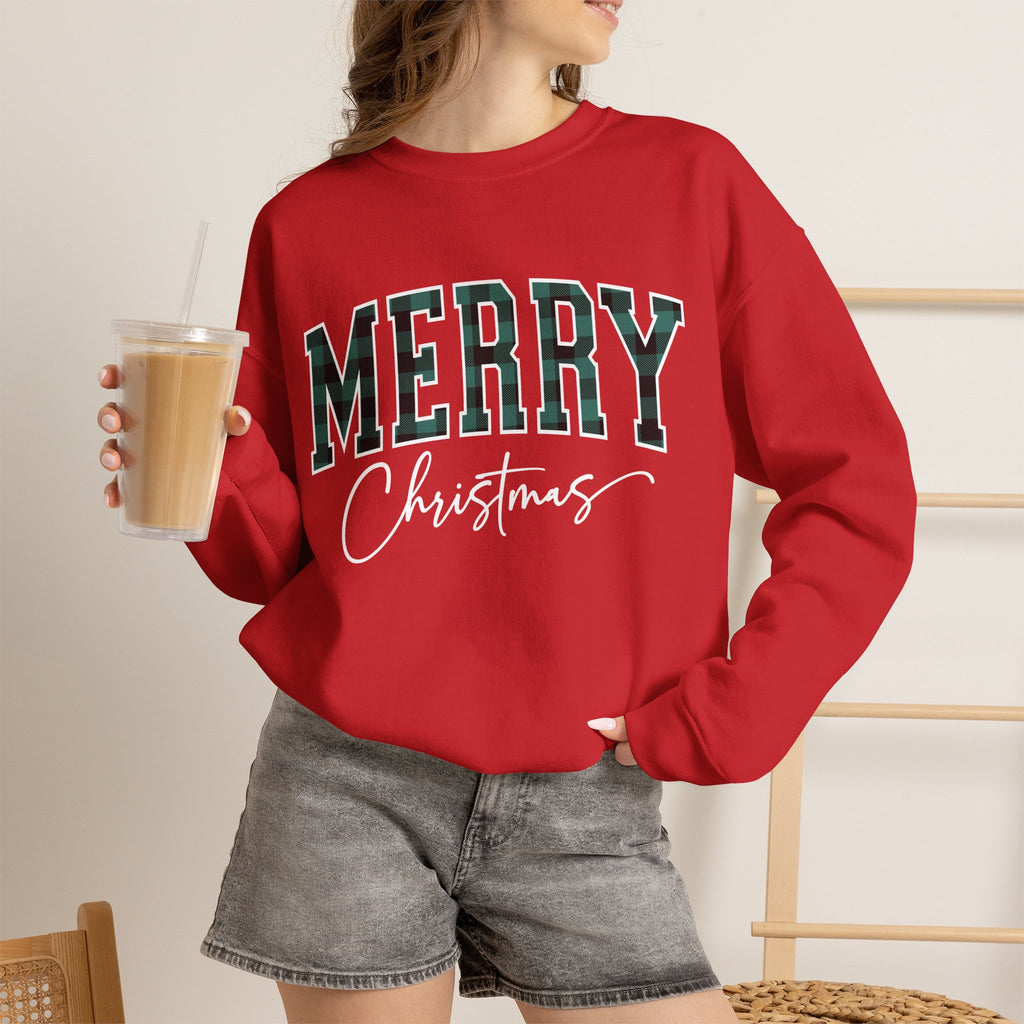 Merry Christmas Crewneck Sweatshirt – Plaid Holiday Graphic Crew