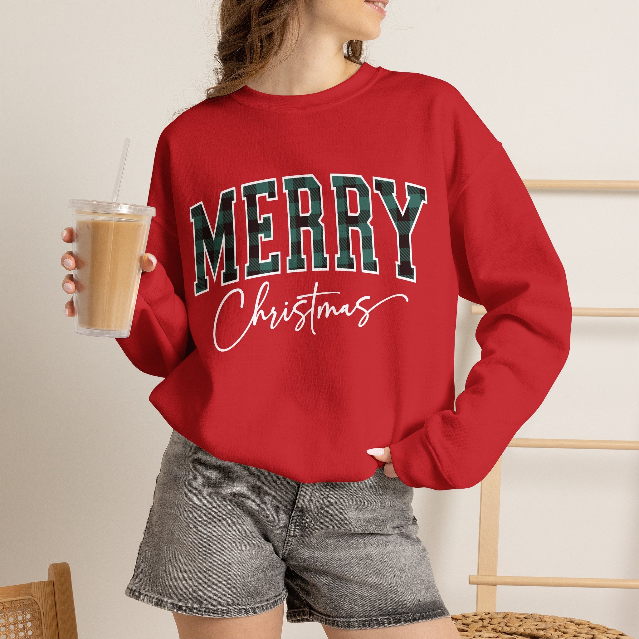 Merry Christmas Crewneck Sweatshirt – Plaid Holiday Graphic Crew