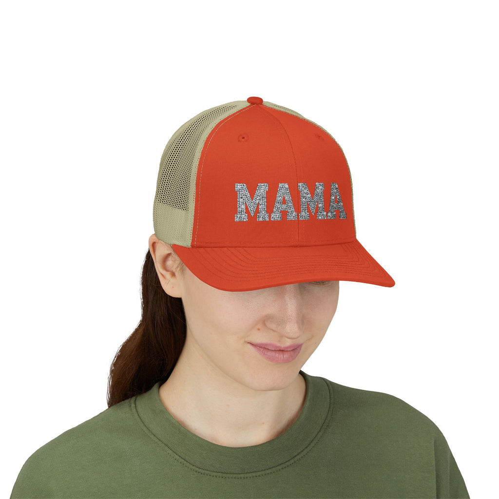 Mama Snapback Trucker Cap — Glitter Script "MAMA" Mesh Back Hat for Moms, Mother's Day Gift
