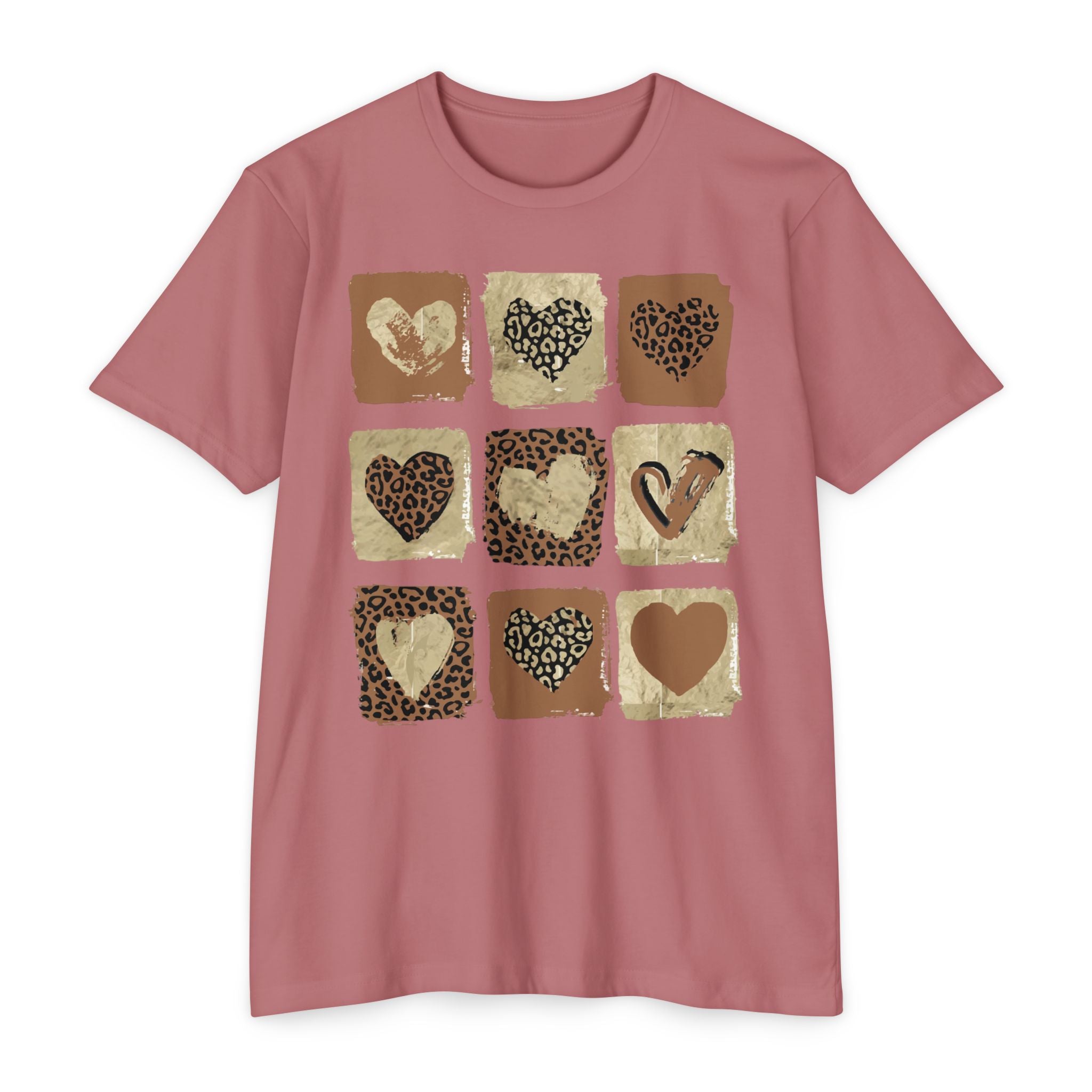 Leopard Hearts T‑Shirt — Neutral Animal Print Heart Grid Tee