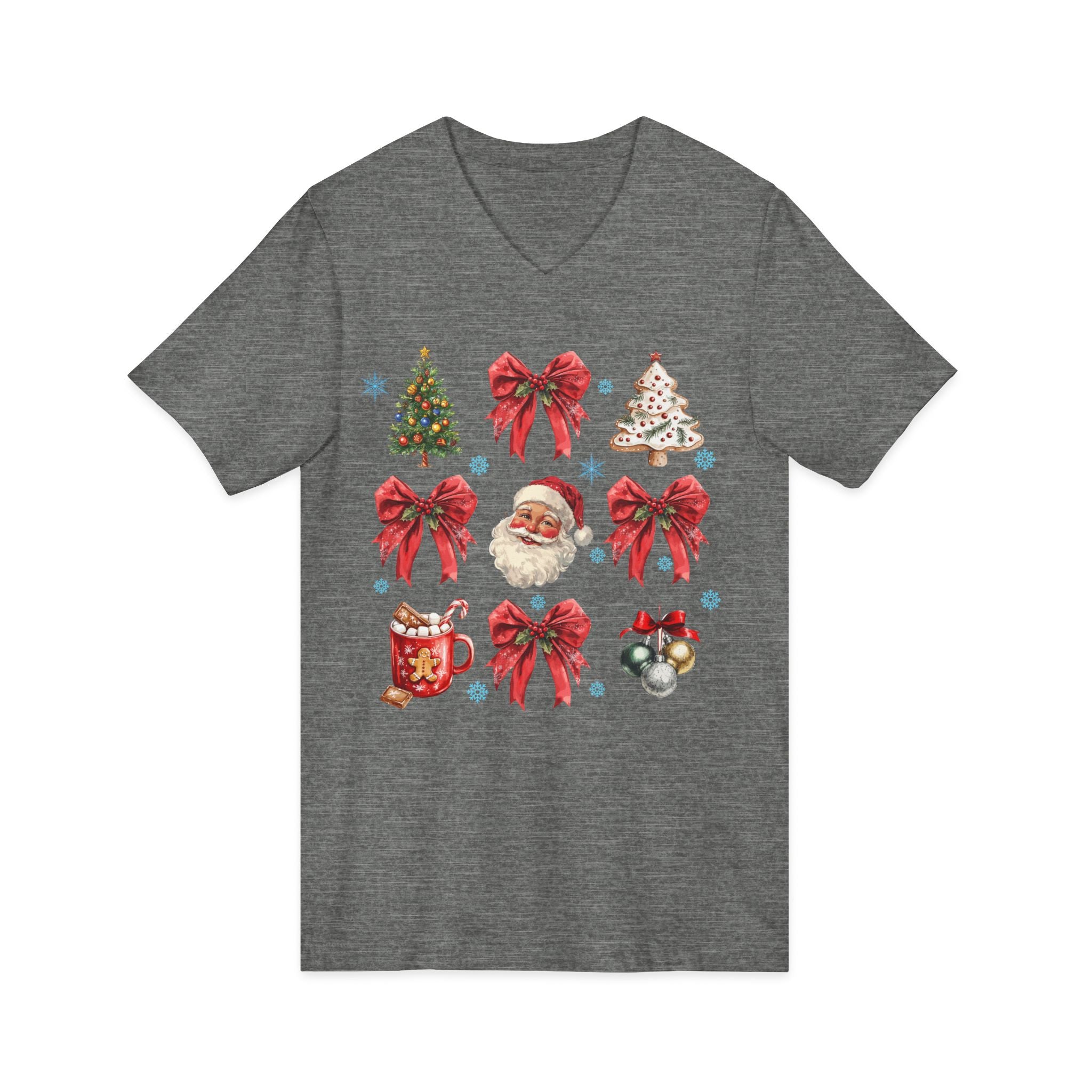 Christmas Icons V-Neck Tee — Santa, Trees & Holiday Bows