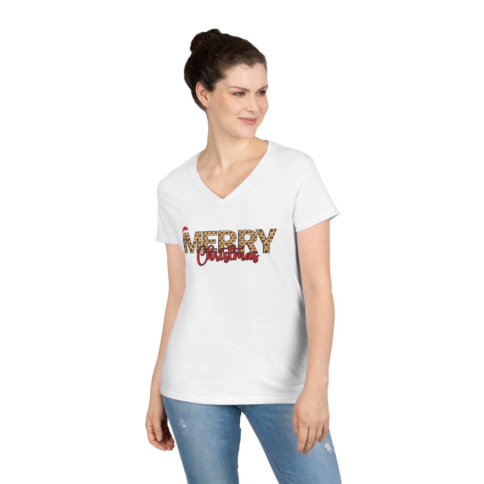 Merry Christmas Leopard Print V-Neck Tee