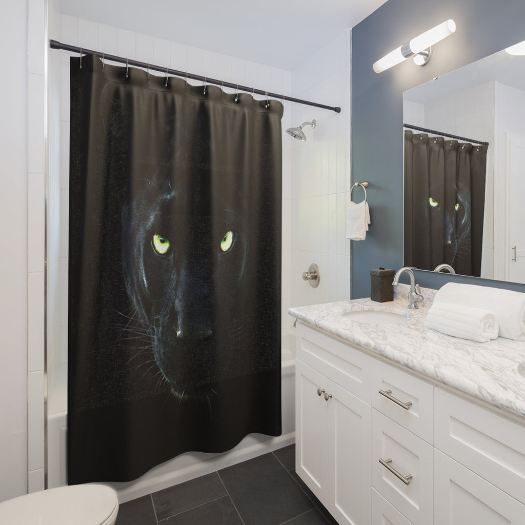 Panther Shower Curtain – Dramatic Black Cat Bathroom Decor with Glowing Green Eyes