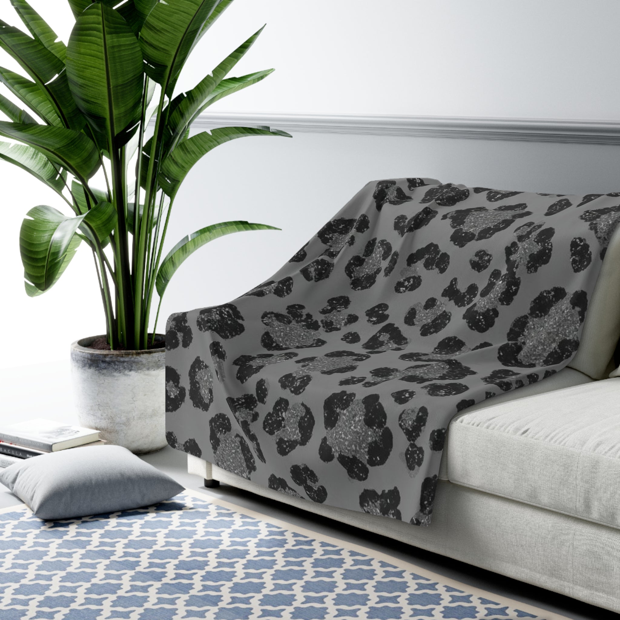 Sherpa Blanket — Grey Leopard Print Cozy Throw