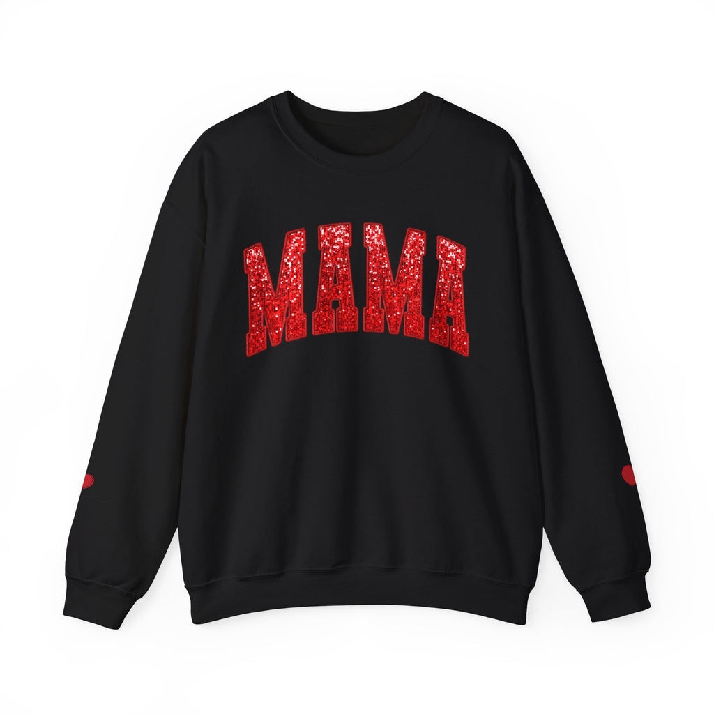 MAMA varsity letters Sweatshirt | red glitter heart sleeve accents