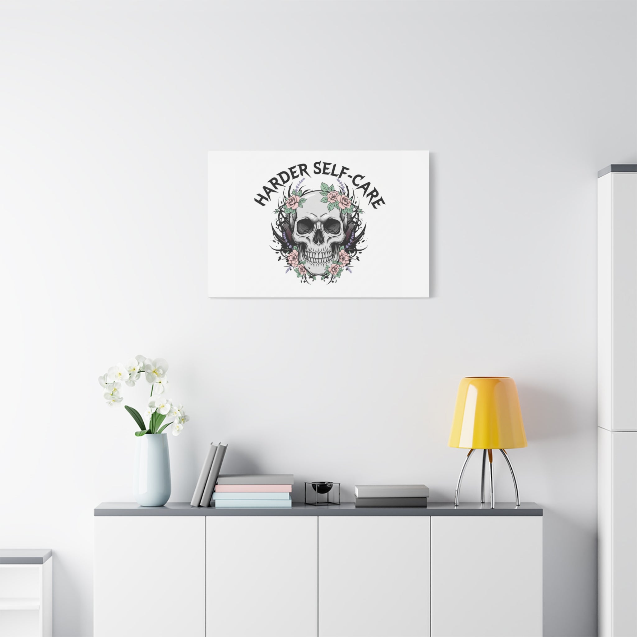 Harder Self-Care Skull Canvas | Heavy Metal Wellness, gothic wellness quote