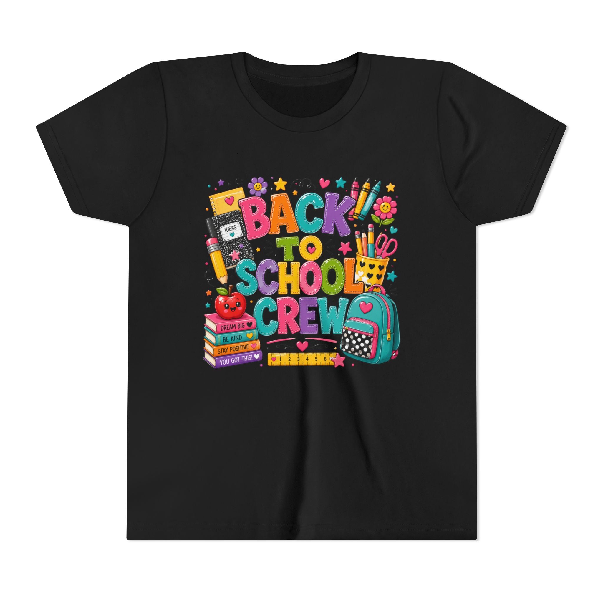 Back to School Crew Youth Tee — Colorful Kids' School Backpack & Books Graphic Shirt