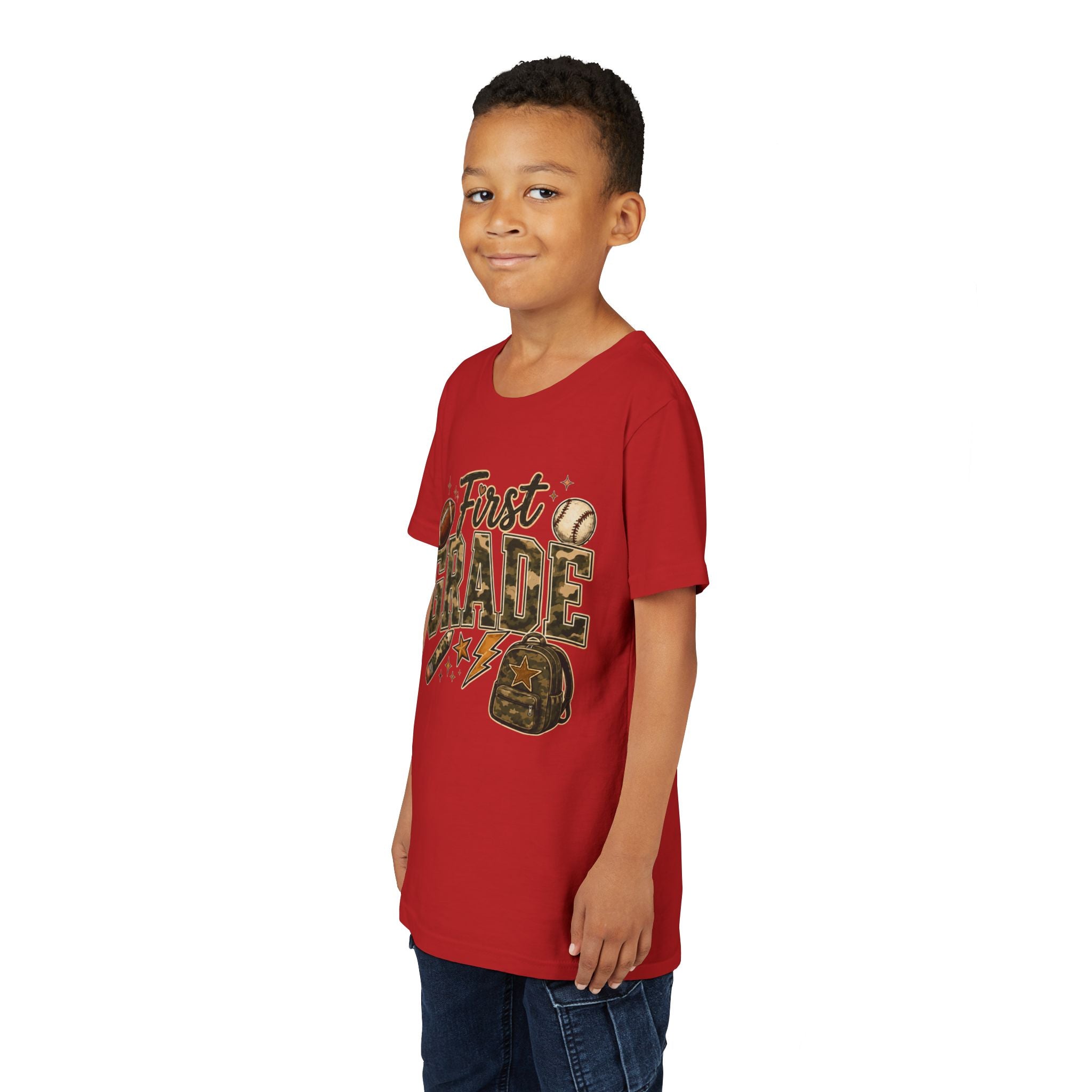First Grade Kids T‑Shirt — Back to School Sports Backpack Design