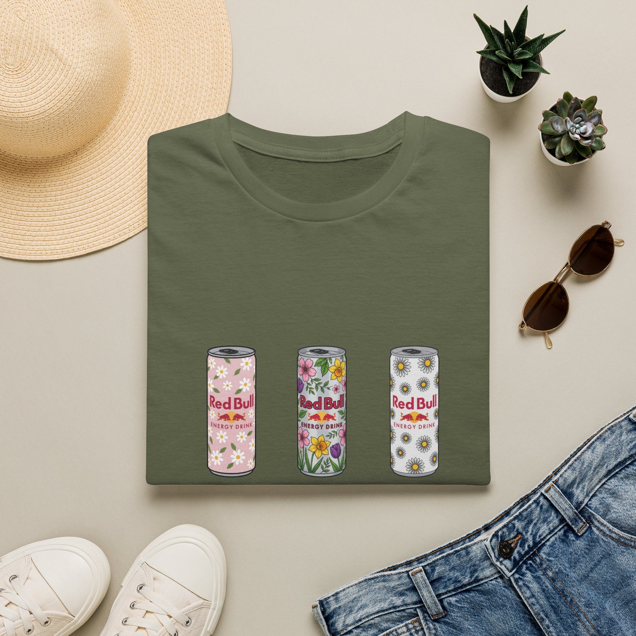Floral Energy Drink Can T-Shirt — Vintage Flower Red Bull Design