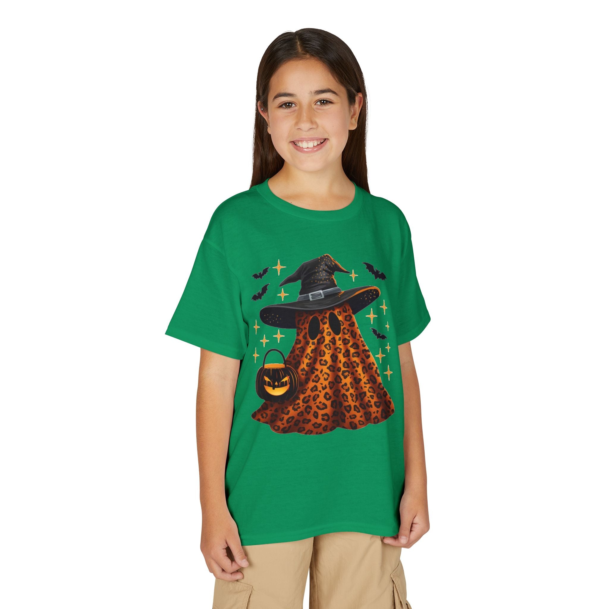 Youth T-Shirt — Leopard Witch Ghost Halloween Tee (Pumpkin Candy Bag, Bats)