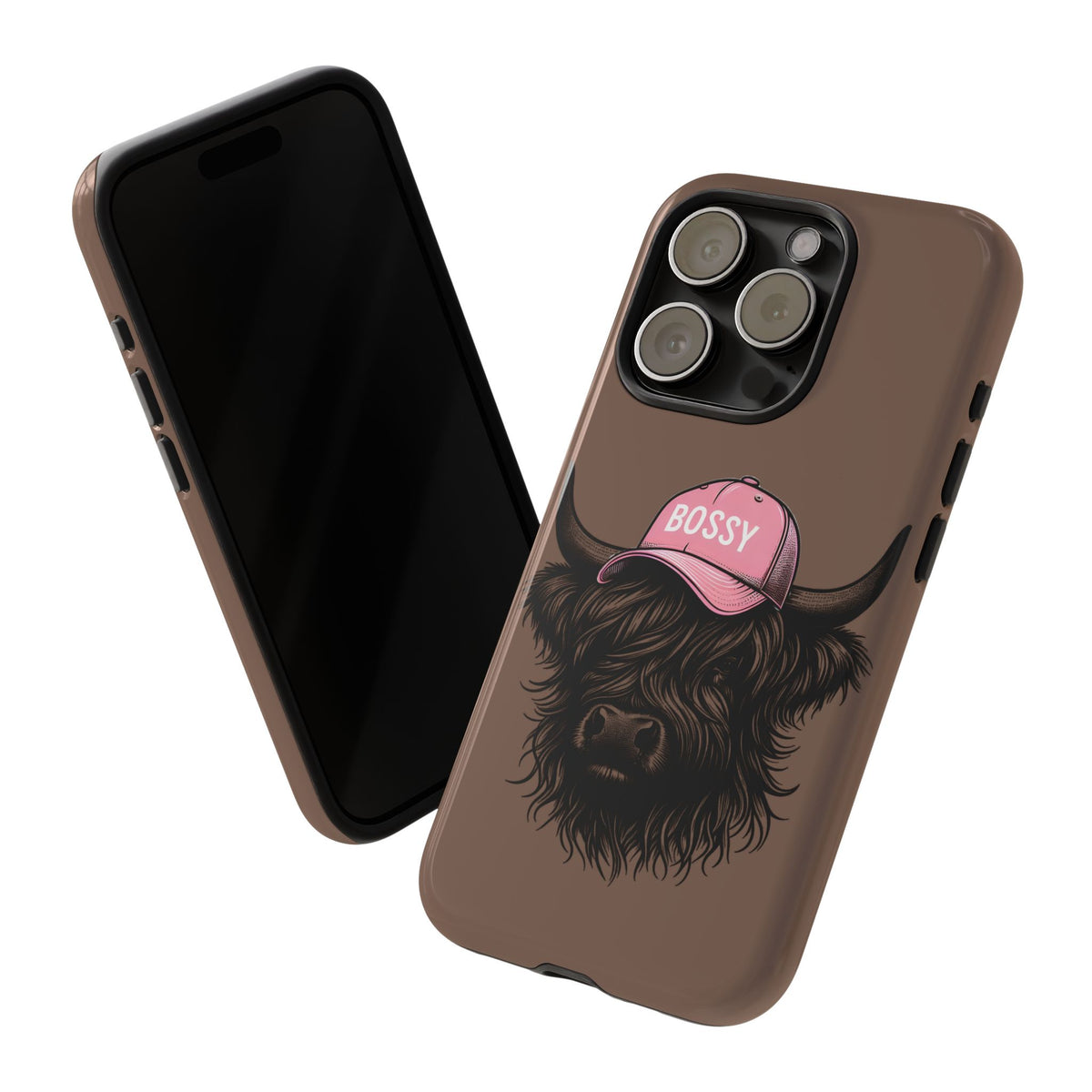 Phone Case — Highland Cow Wearing 'BOSSY' Pink Hat, Cute Farm Animal Protective Cover