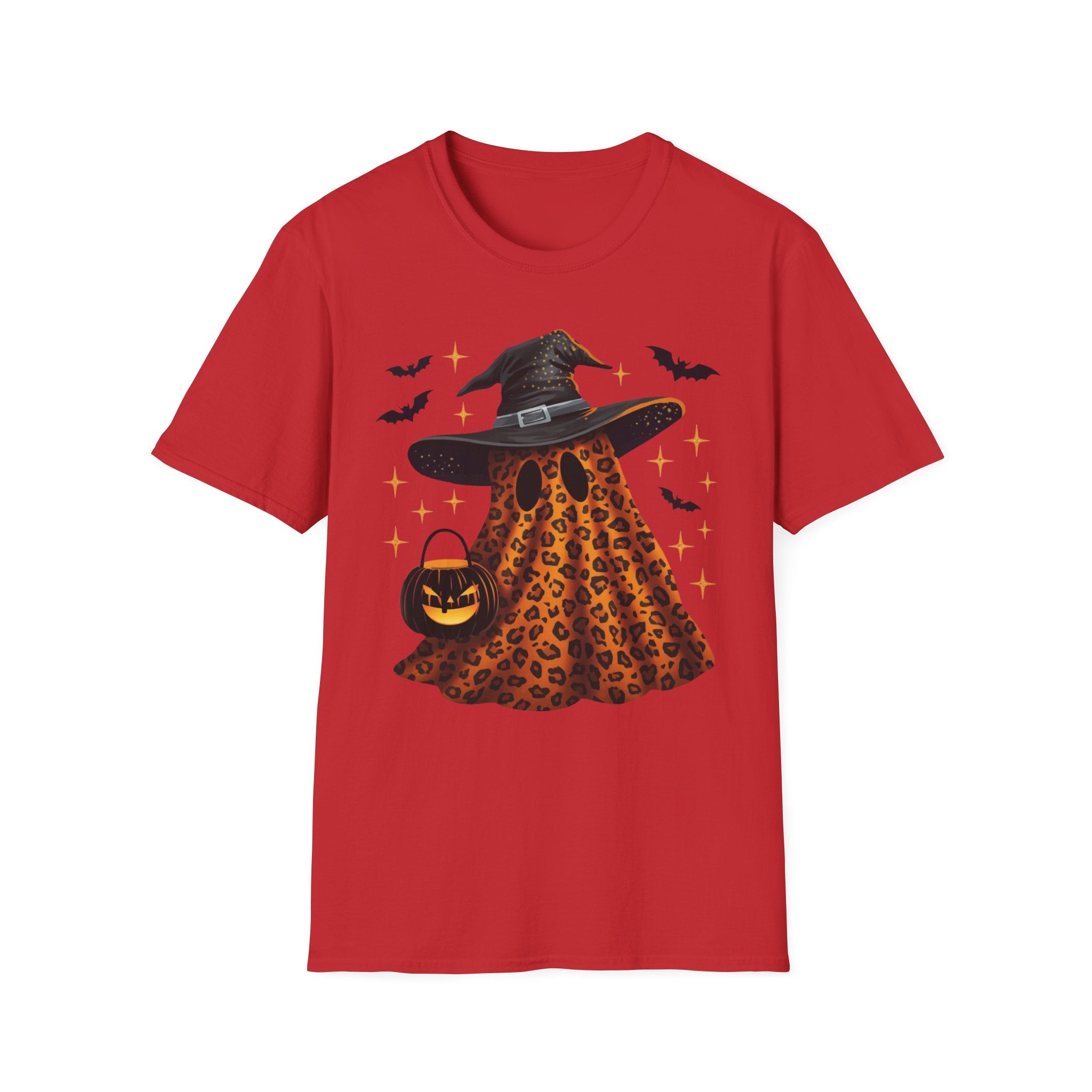 Halloween Leopard Ghost T-Shirt — Witch Hat & Bats Graphic