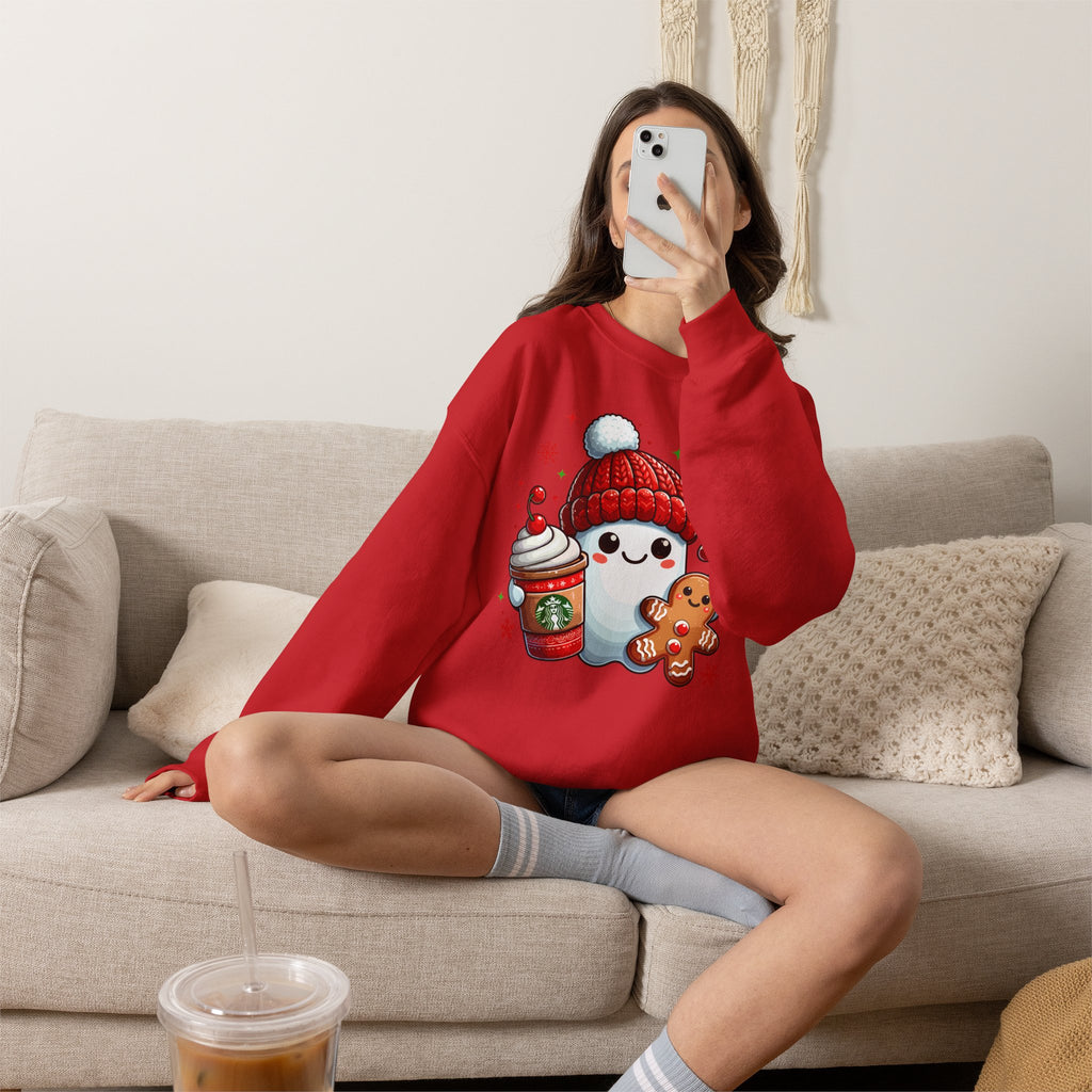 Holiday Marshmallow Character Sweatshirt — Cute Snowman with Gingerbread & Hot Cocoa