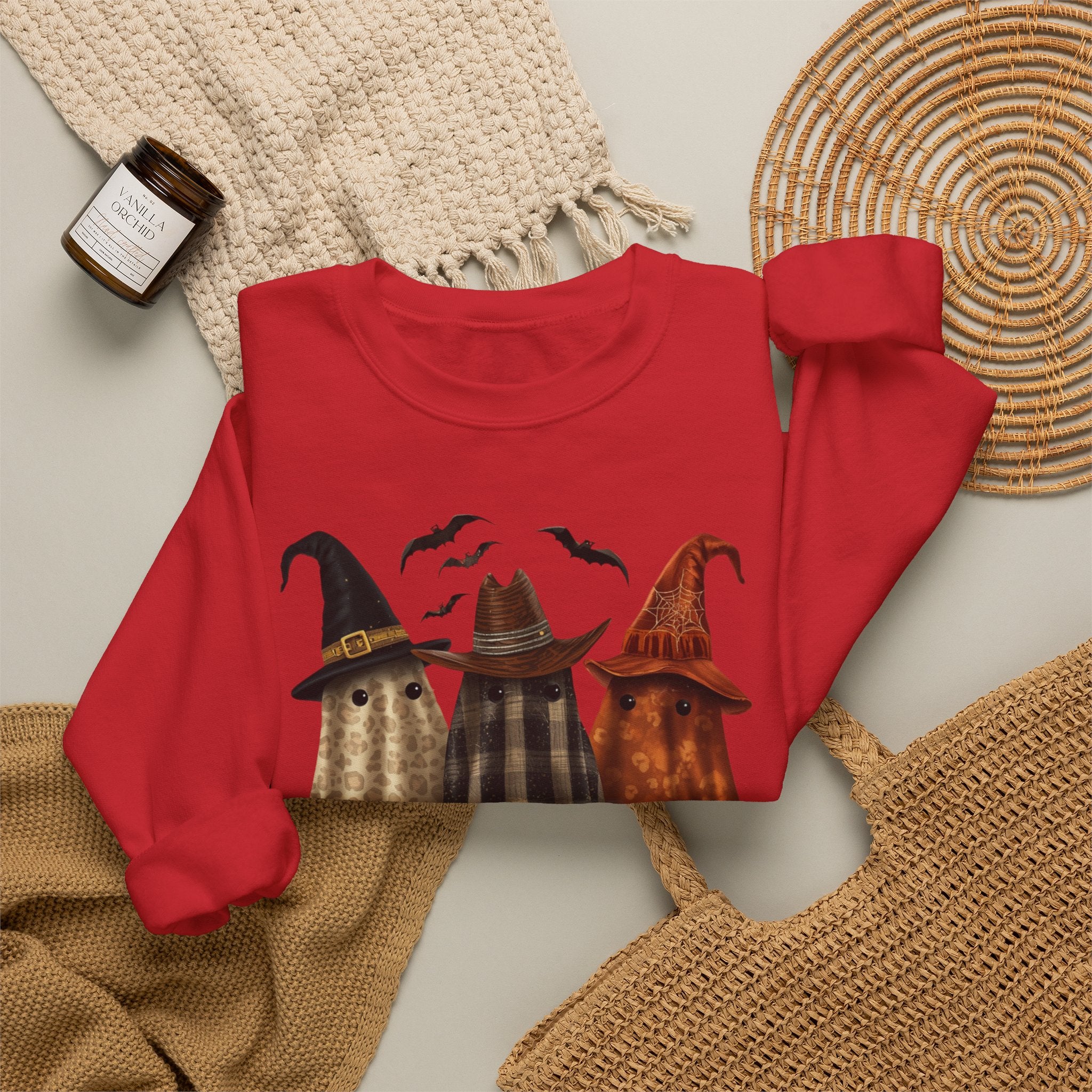 Halloween Witch Ghosts Crewneck Sweatshirt — Cozy Pumpkin & Bats Fall Graphic