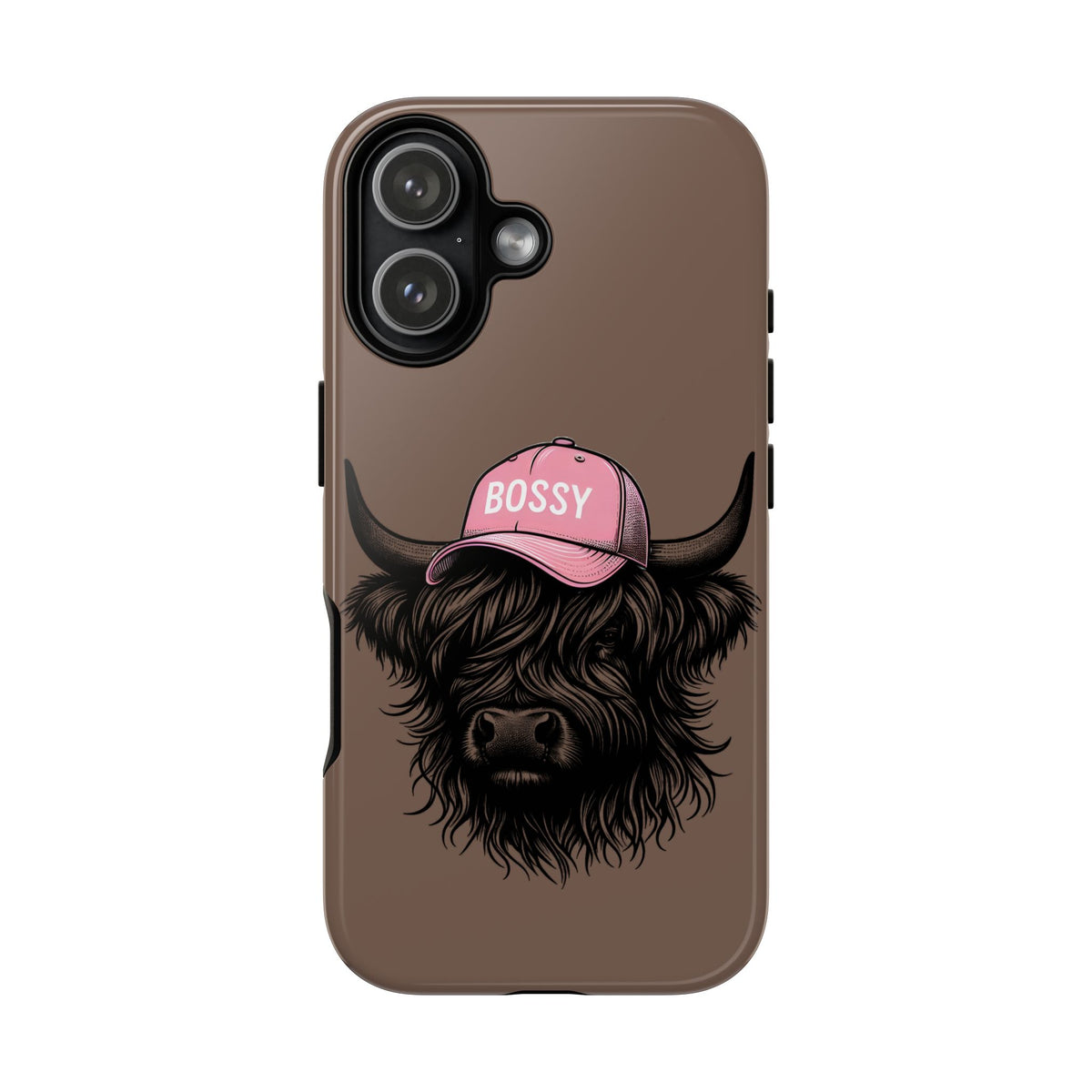 Phone Case — Highland Cow Wearing 'BOSSY' Pink Hat, Cute Farm Animal Protective Cover