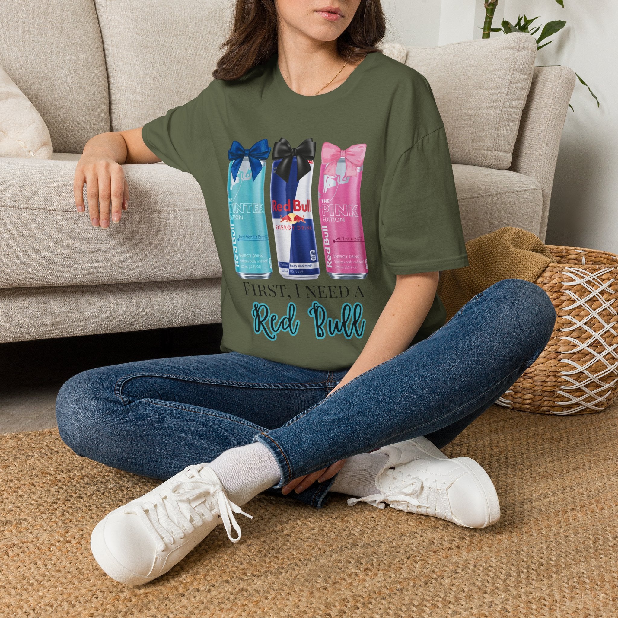 Red Bull Cans Graphic T-Shirt — “First I Need Red Bull” Energy Drink Tee