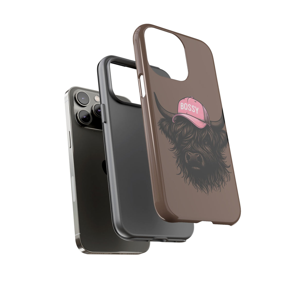 Phone Case — Highland Cow Wearing 'BOSSY' Pink Hat, Cute Farm Animal Protective Cover