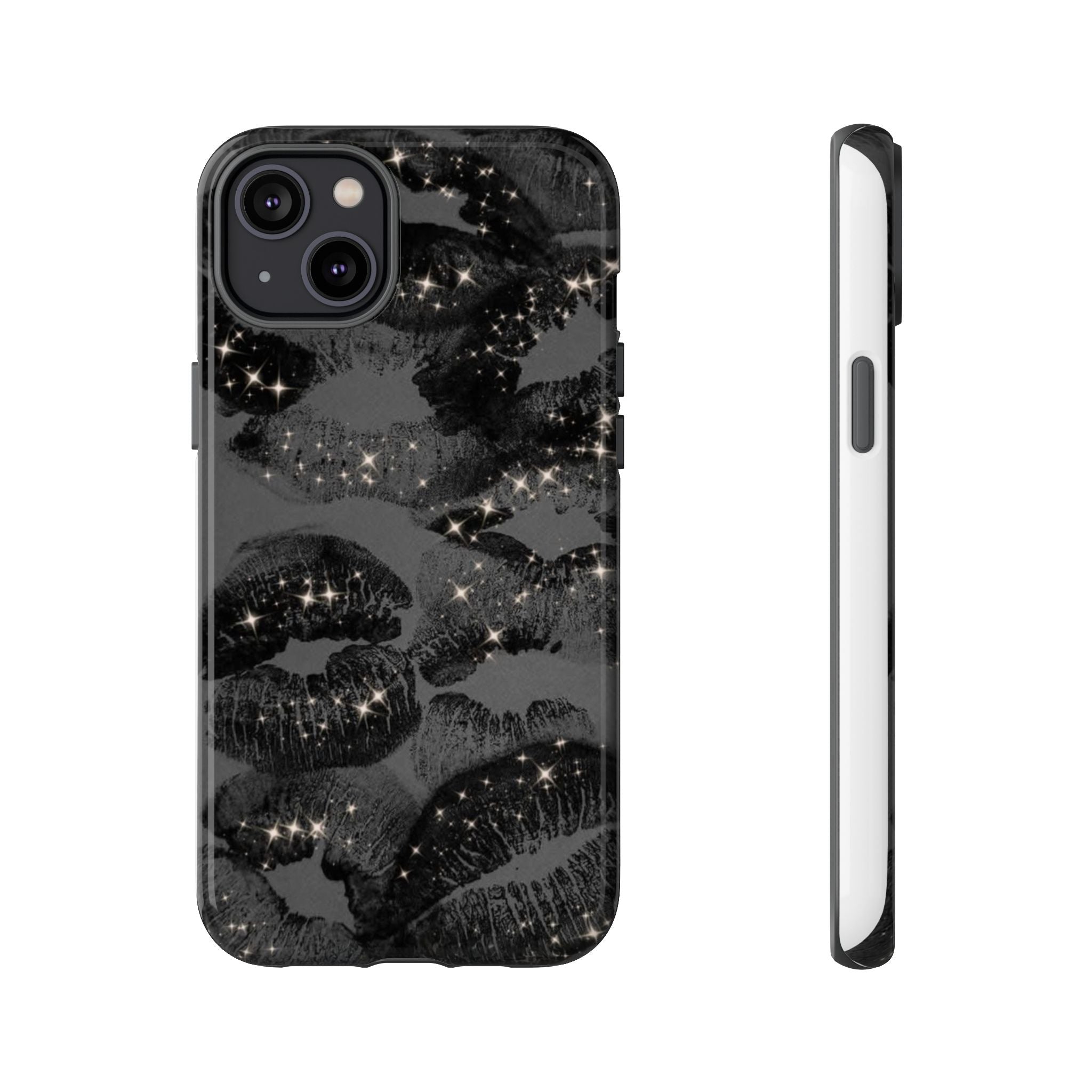 Black Glitter Kiss Phone Case — Sparkling Lip Print Protective Cover