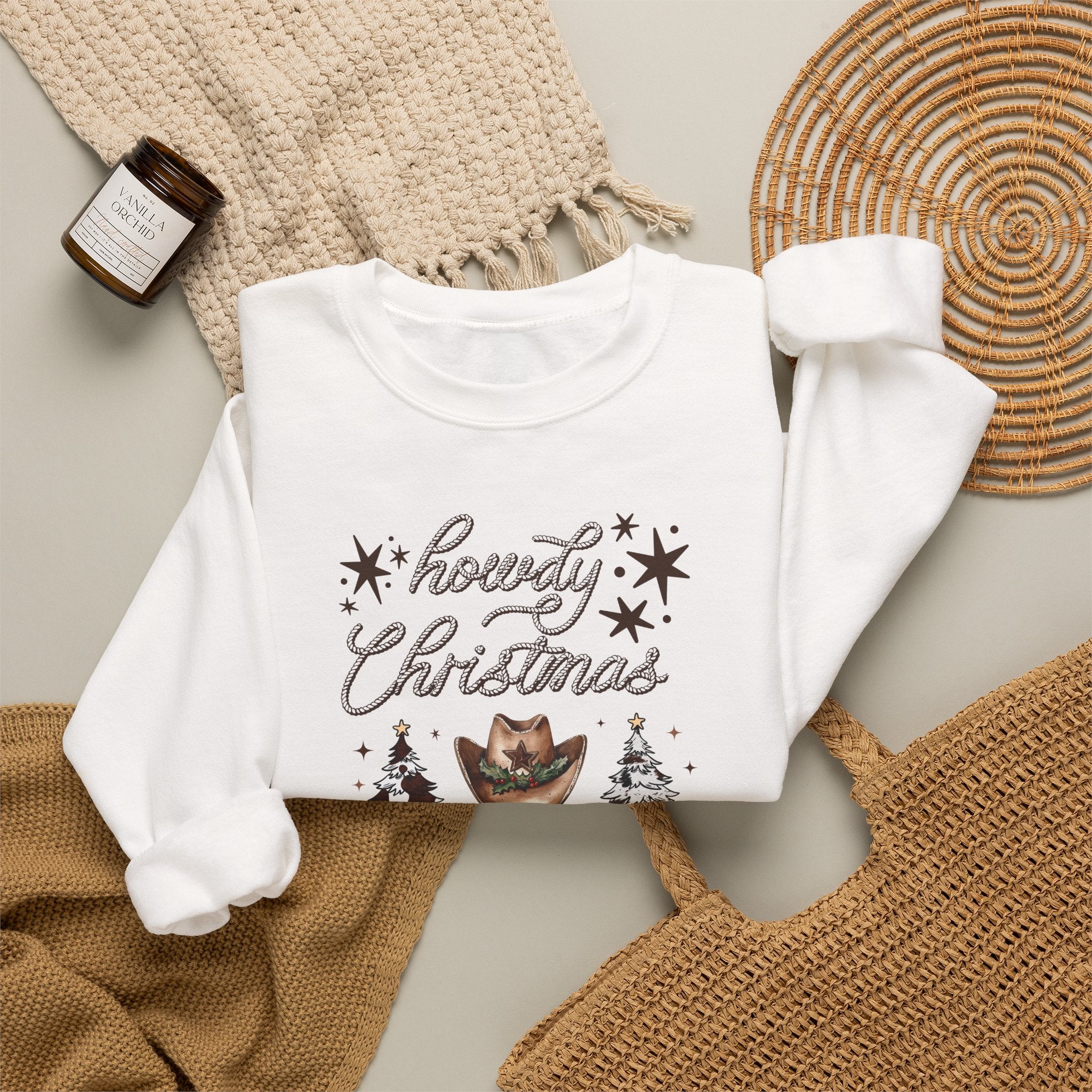 Howdy Christmas Sweatshirt — Western Cowboy Holiday Crewneck with Boots & Trees