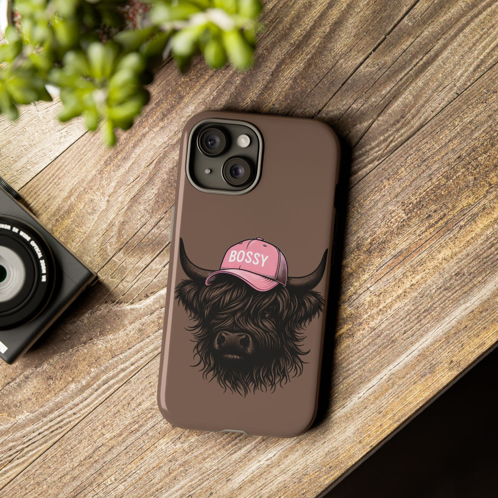 Phone Case — Highland Cow Wearing 'BOSSY' Pink Hat, Cute Farm Animal Protective Cover