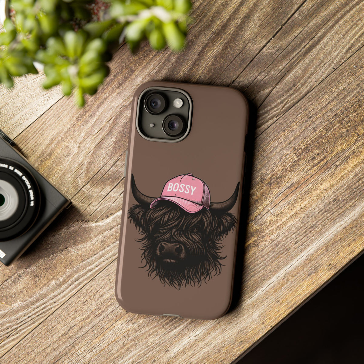 Phone Case — Highland Cow Wearing 'BOSSY' Pink Hat, Cute Farm Animal Protective Cover